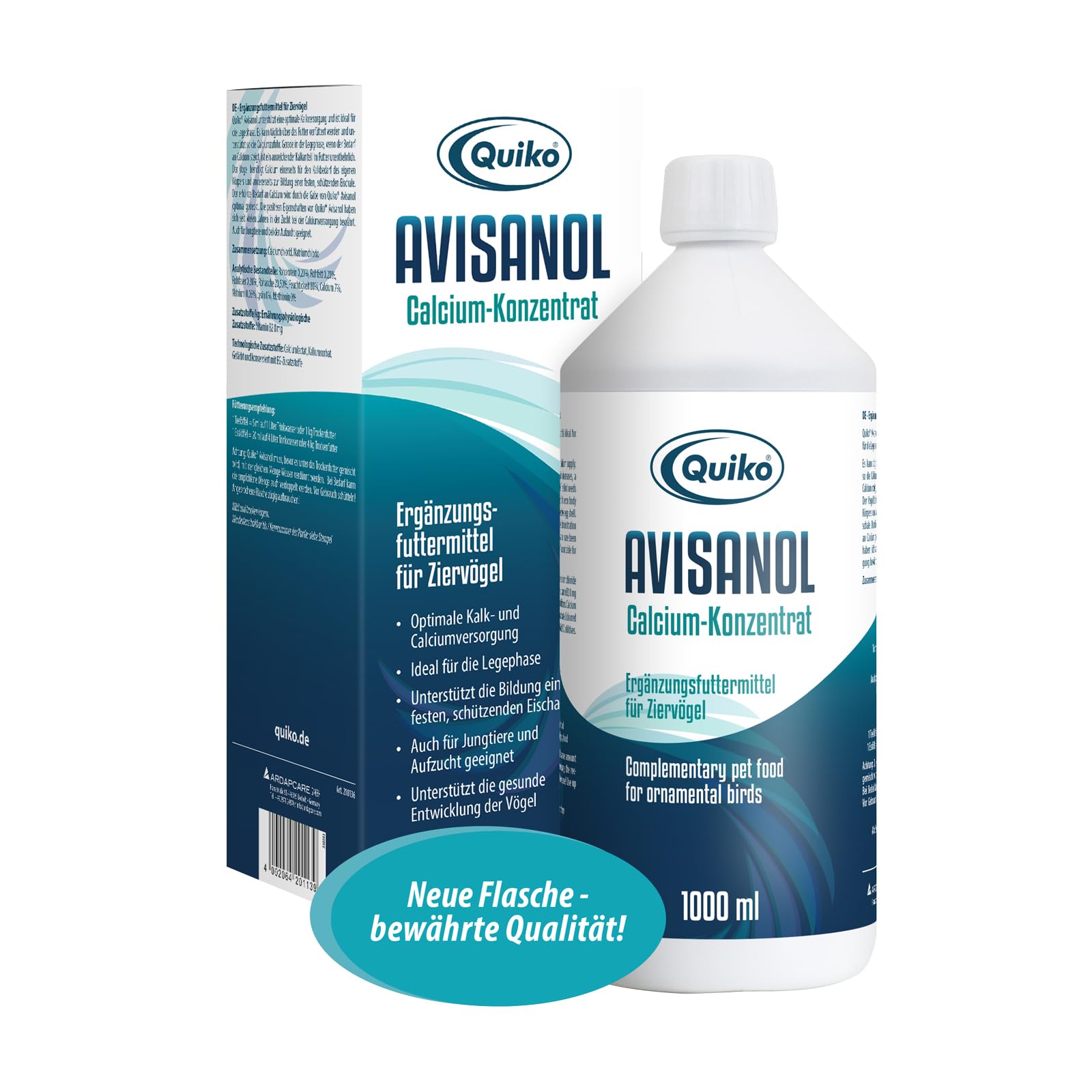 Quiko Avisanol - Calcium Concentrate 1.000ml - For pet birds, racing pigeons & chickens - Promotes bone & eggshell formation - Supports feather formation & moulting