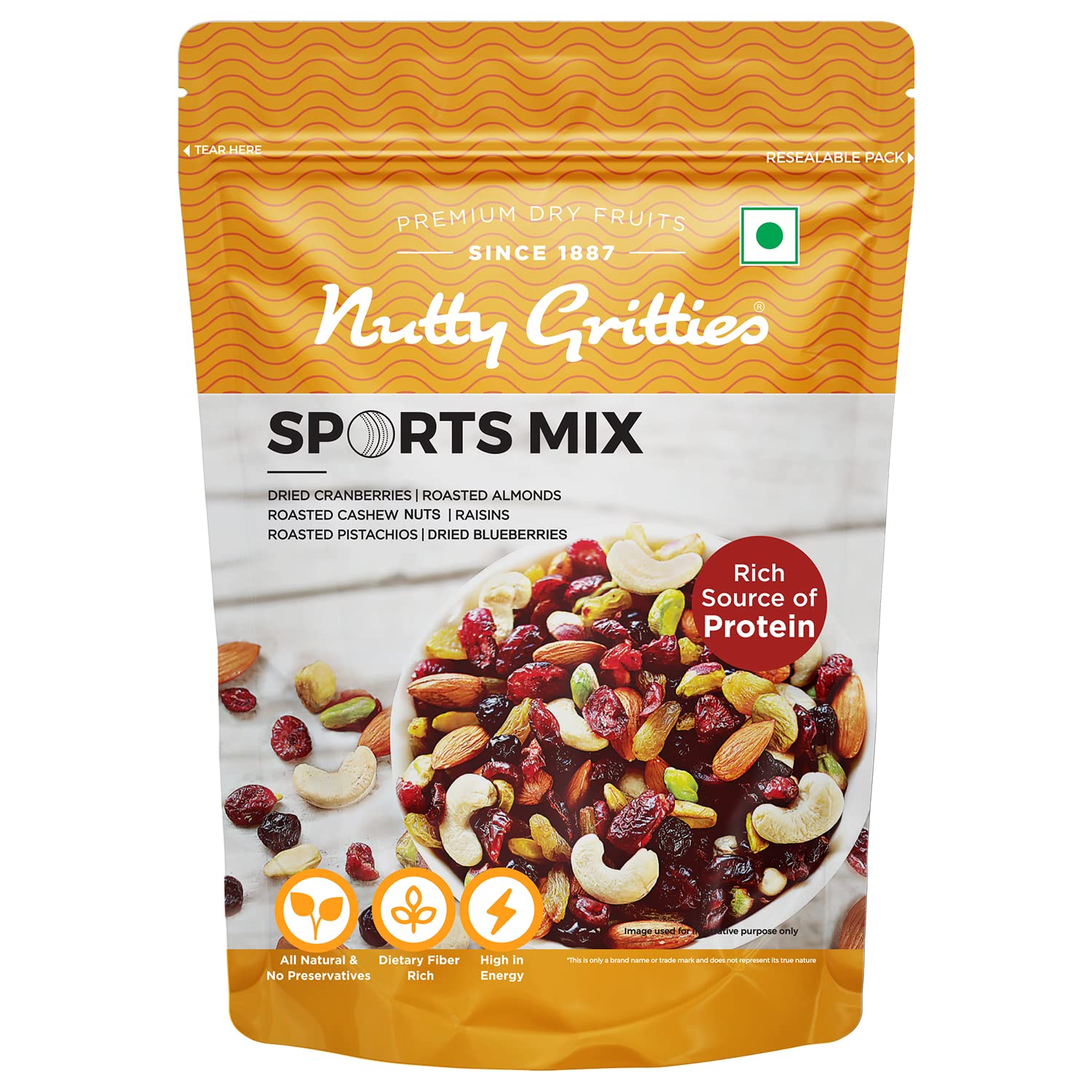 Nutty Gritties Premium Sports Mix 350g - Roasted Almonds, Cashews, Pistachios, Dried Blueberries, Cranberries and Raisins | Resealable Pouch -