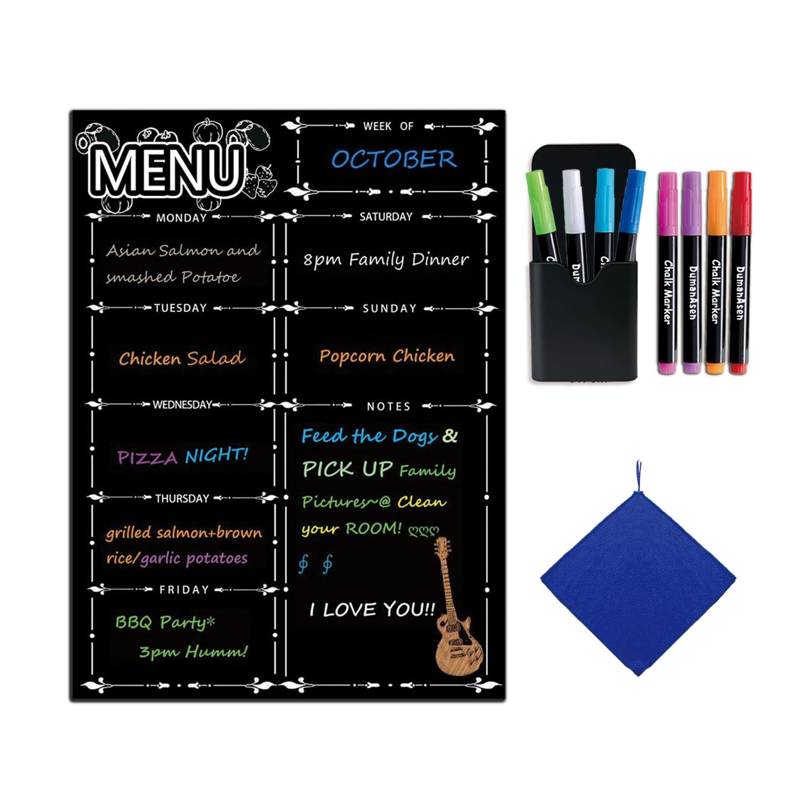 DumanAsen Magnetic Fridge Calendar, Meal Planner, Dry Eraser Weekly Menu Board - 16" x 12" inches - Includes 8 Colourful Pens