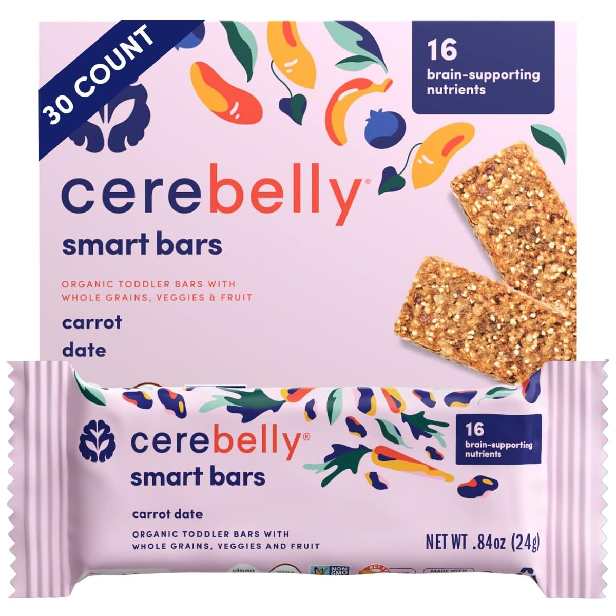 Cerebelly Toddler Snack Bars – Organic Carrot Date Smart Bars (Pack of 30), Healthy Snack Bars for Kids - 16 Brain-supporting Nutrients, Made with Gluten Free Ingredients, Nut Free, No Added Sugar