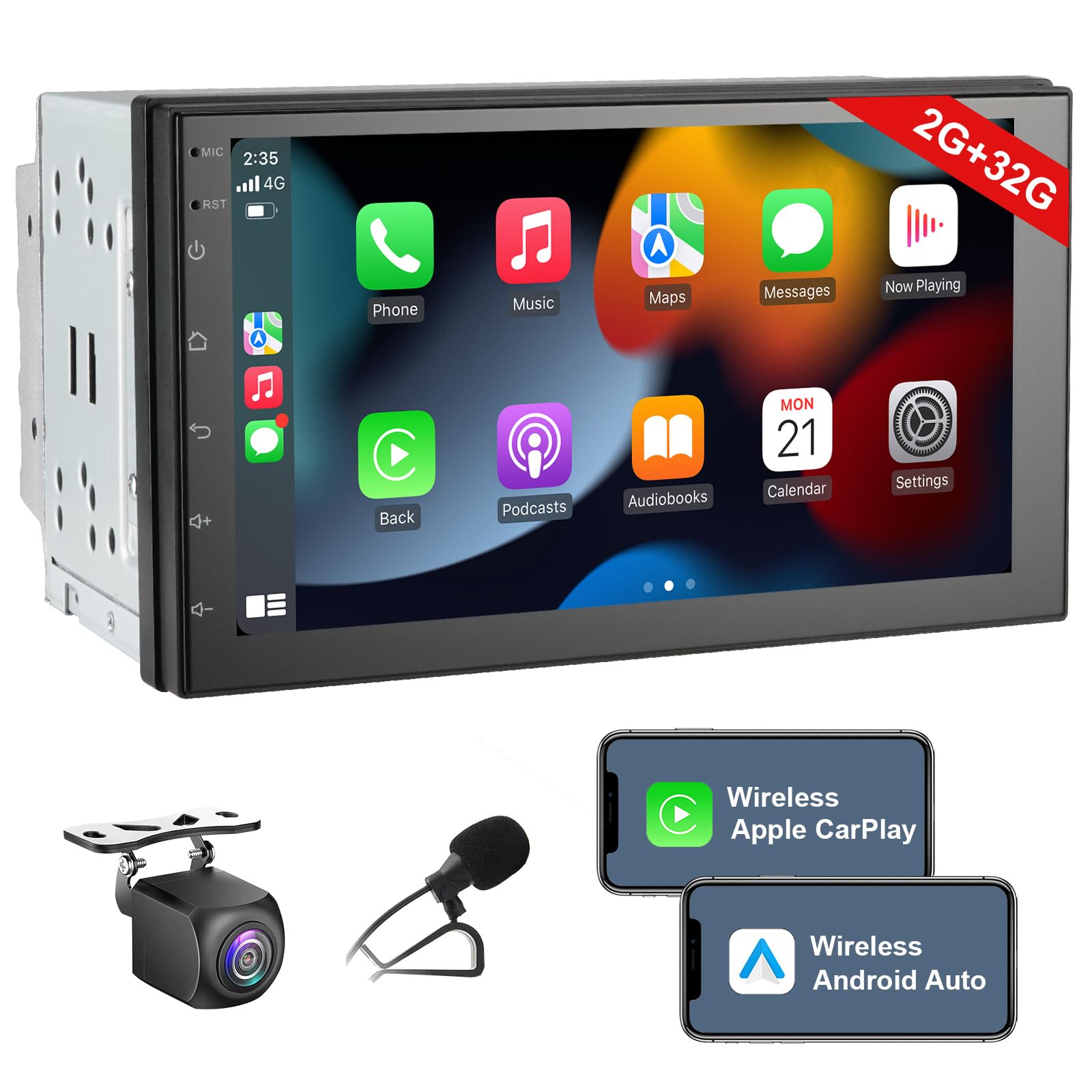 7In Double Din Car Stereo Wireless CarPlay Wireless Android Auto, Android 2+32G Touchscreen Car Radio Head Unit with Bluetooth, DSP, WiFi,Rearview Backup Camera