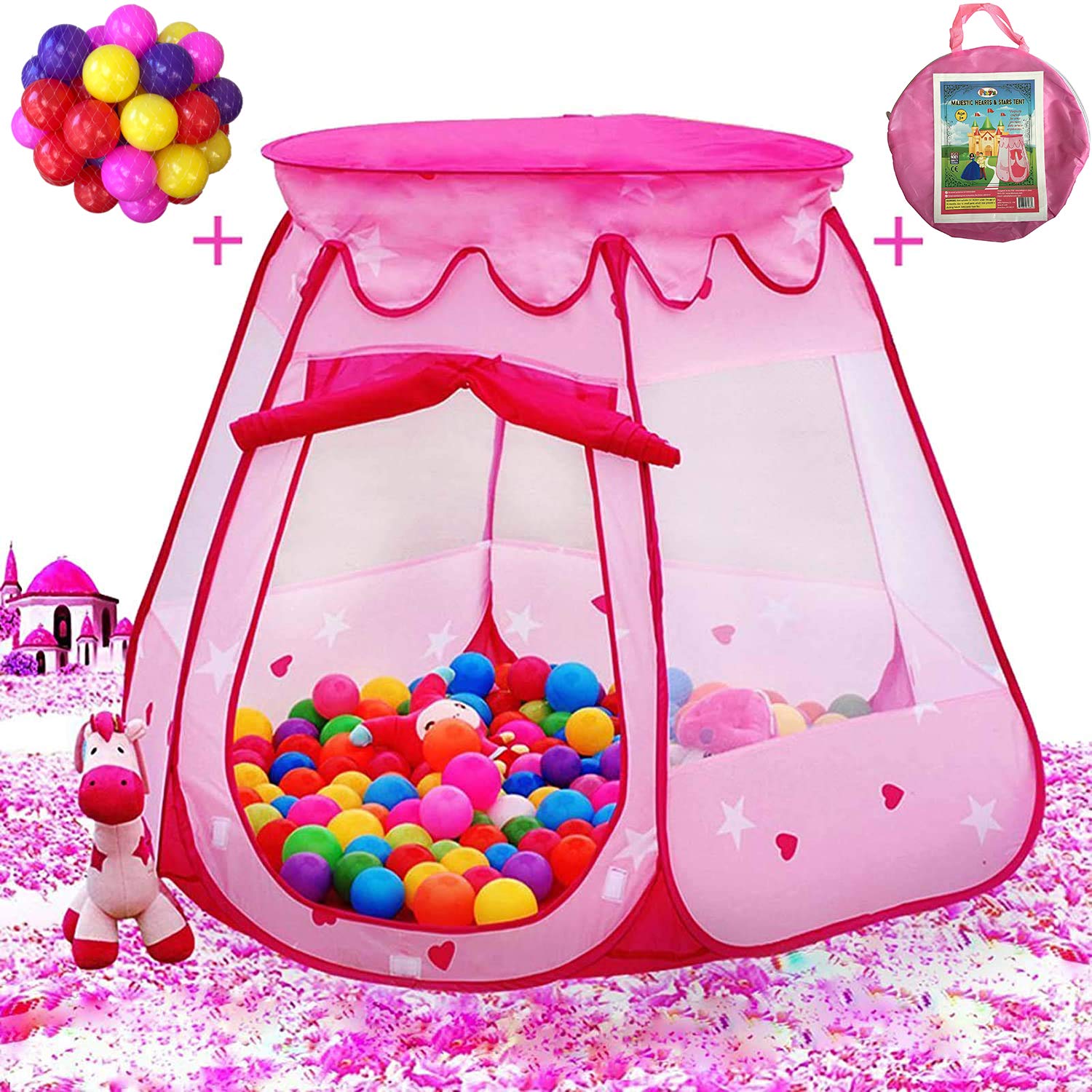 Playz Ball Pit Princess Castle Play Tents for Girls w/ Glow in The Dark Stars & 50 Balls - Pop Up Children Play Tent for Indoor & Outdoor Use Beautiful Playland Playhouse Tent w/ Zipper Storage Case