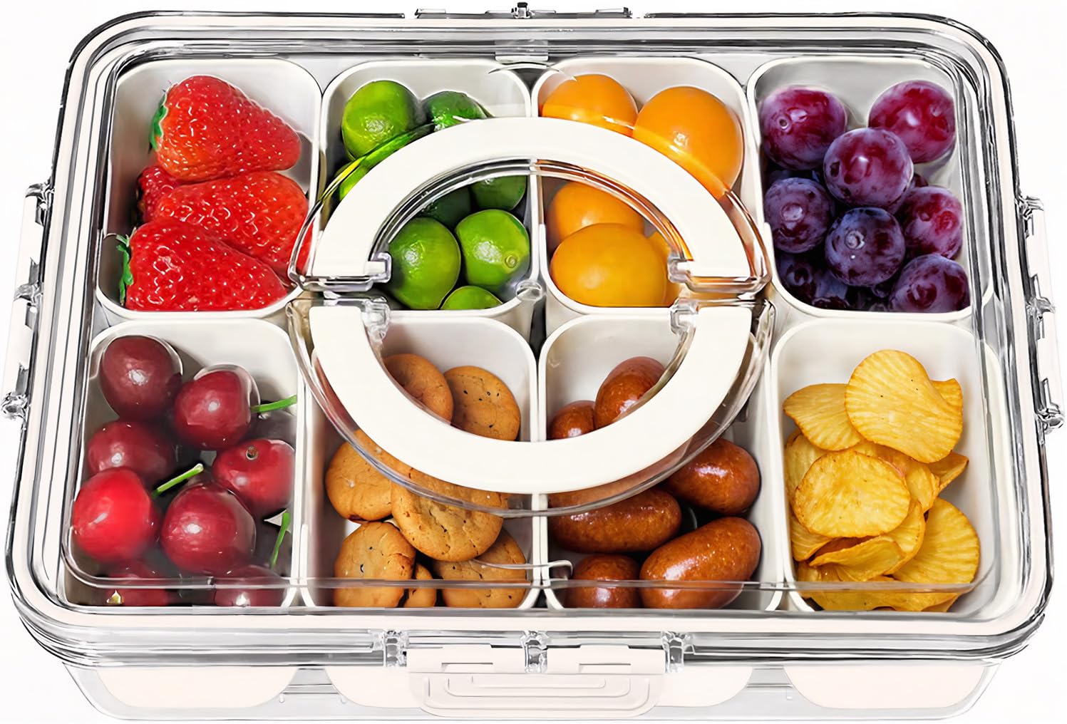 Portable Snackle Box Container - Divided Serving Tray with Lid and Handle, Clear Snack Box Organizer for Fruits, Candy, Charcuterie, Snacks - Ideal for Party & Travel