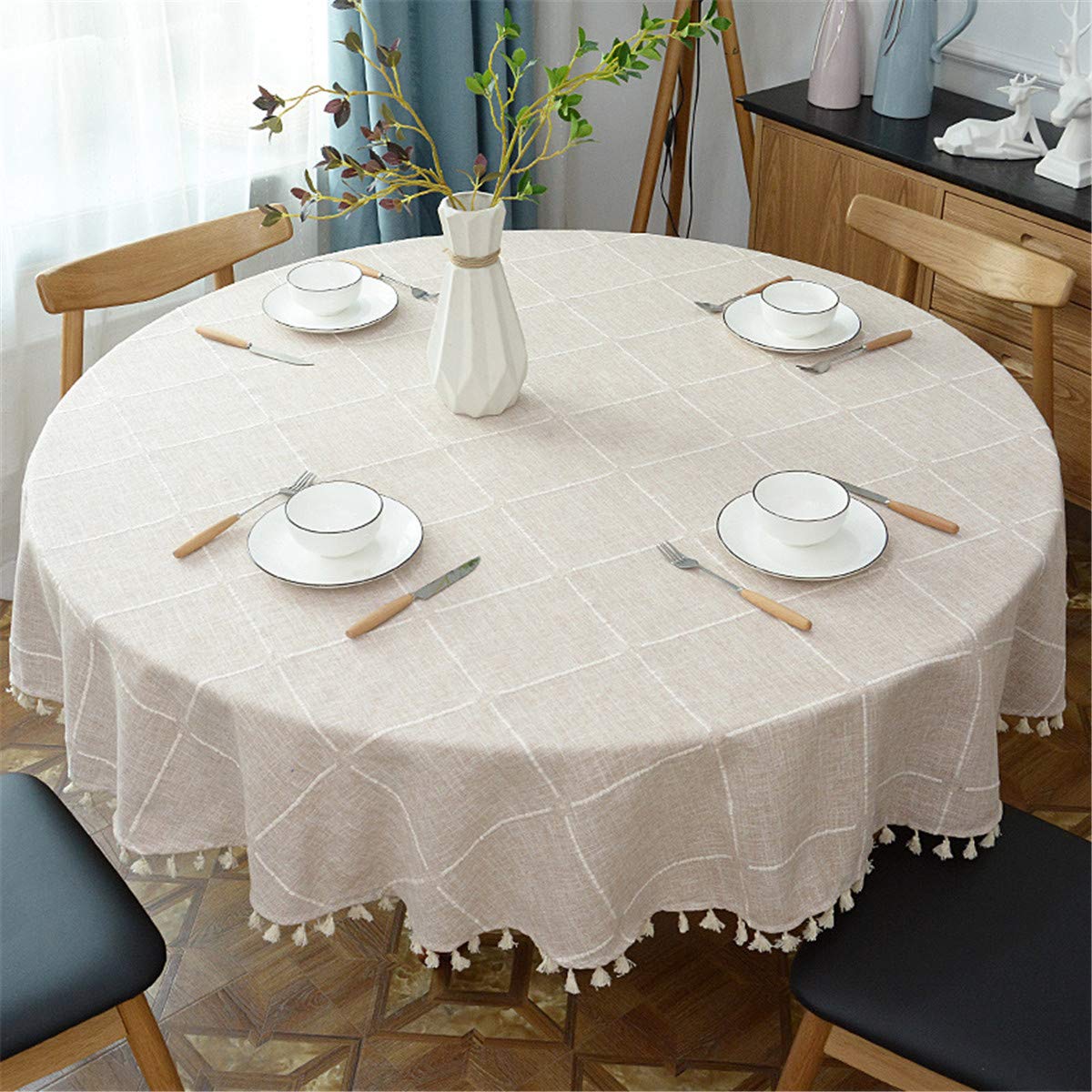 Round Tassel Plaid Tablecloth, Heavy Weight Cotton Linen Fabric Table Cover for Kitchen Dining Tabletop Decoration, Beige, 60" Round