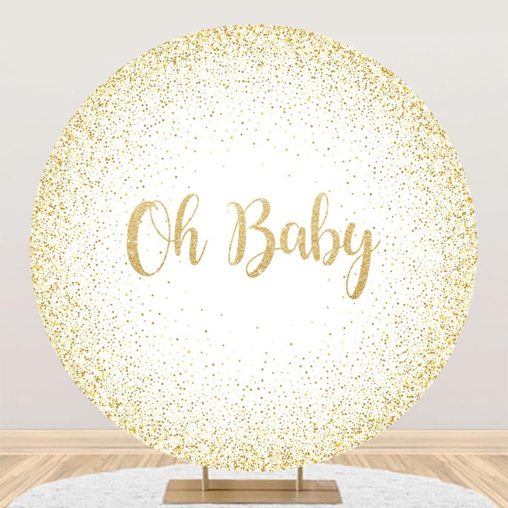 DORCEV Oh Baby Round Backdrop Cover 6x6ft Shiny Gold Glitters White Arch Backdrop Cover Kids Baby Shower Birthday Party Gender Reveal Pregnancy Announcement Party Photography Background Decor Prop