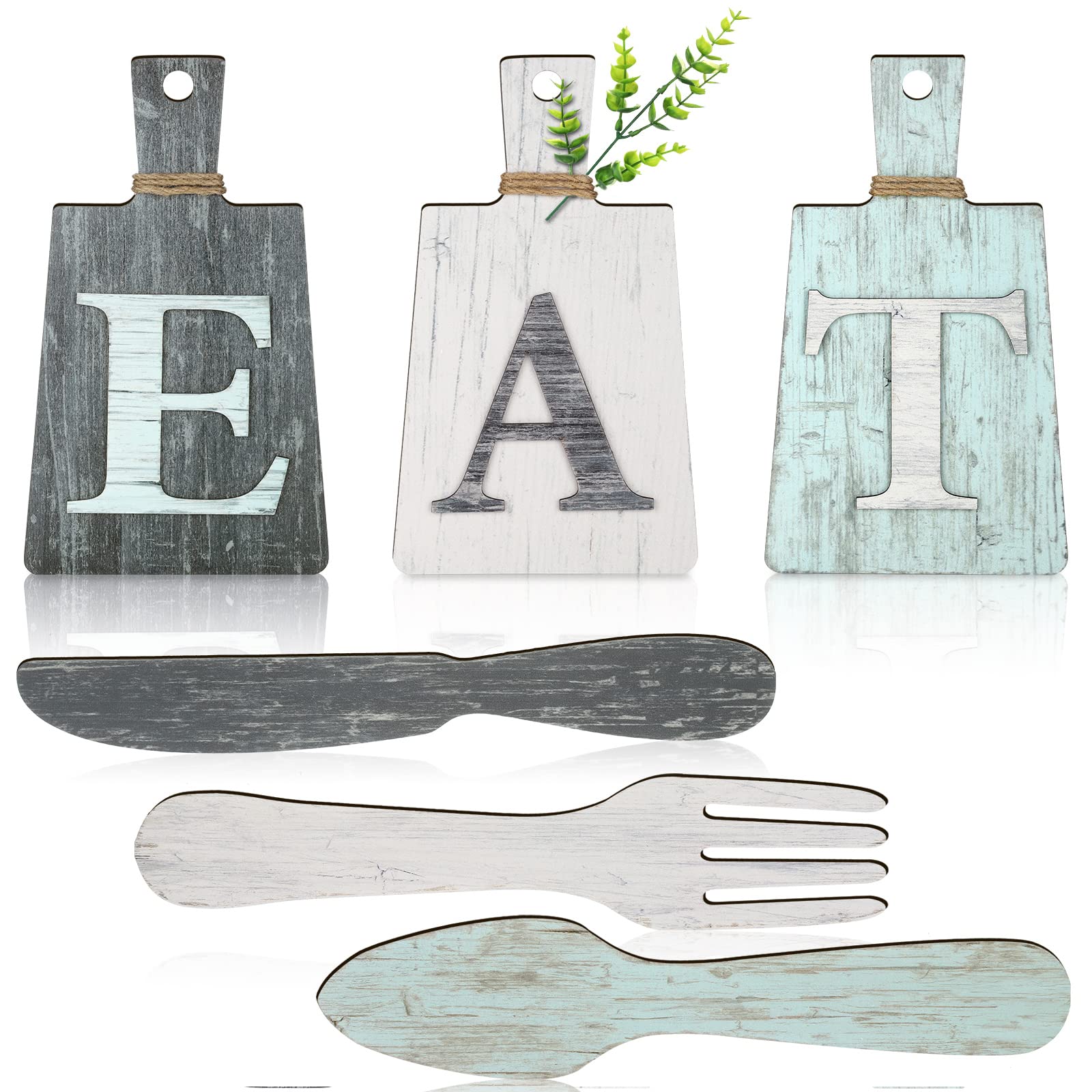 6 Pieces Eat Sign Kitchen Decorations Wall Cutting Board Eat Signs Kitchen Decor Fork Spoon and Knife Wood Wall Decor Rustic Farmhouse Kitchen Wall Art (Fresh Colors)