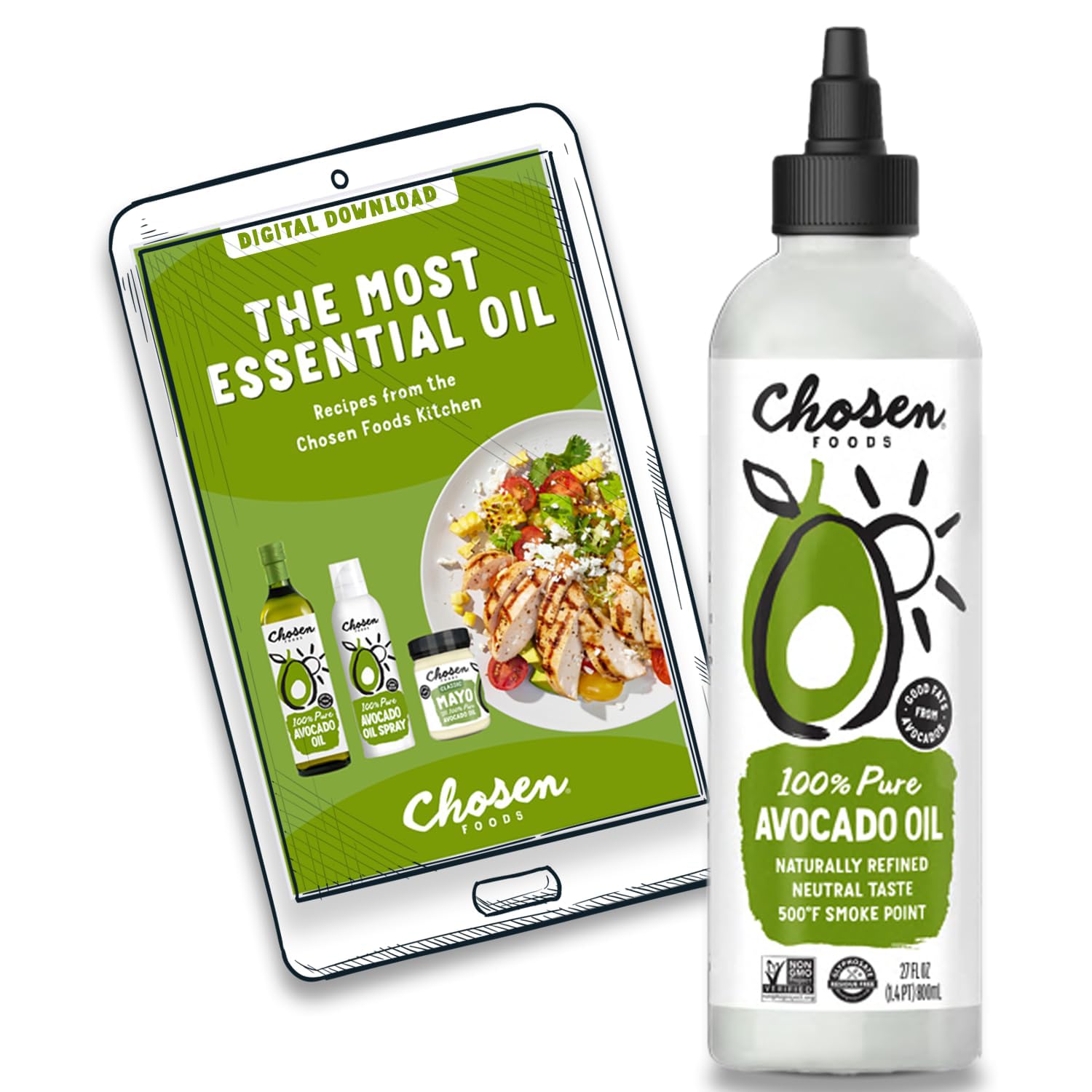 Chosen Foods100% Pure Avocado Oil Squeeze Bottle, Keto and Paleo Diet Friendly, Kosher Oil for Baking, High-Heat Cooking, Frying, Homemade Sauces, Dressings and Marinades 800ml with Digital Recipe Book Bundle