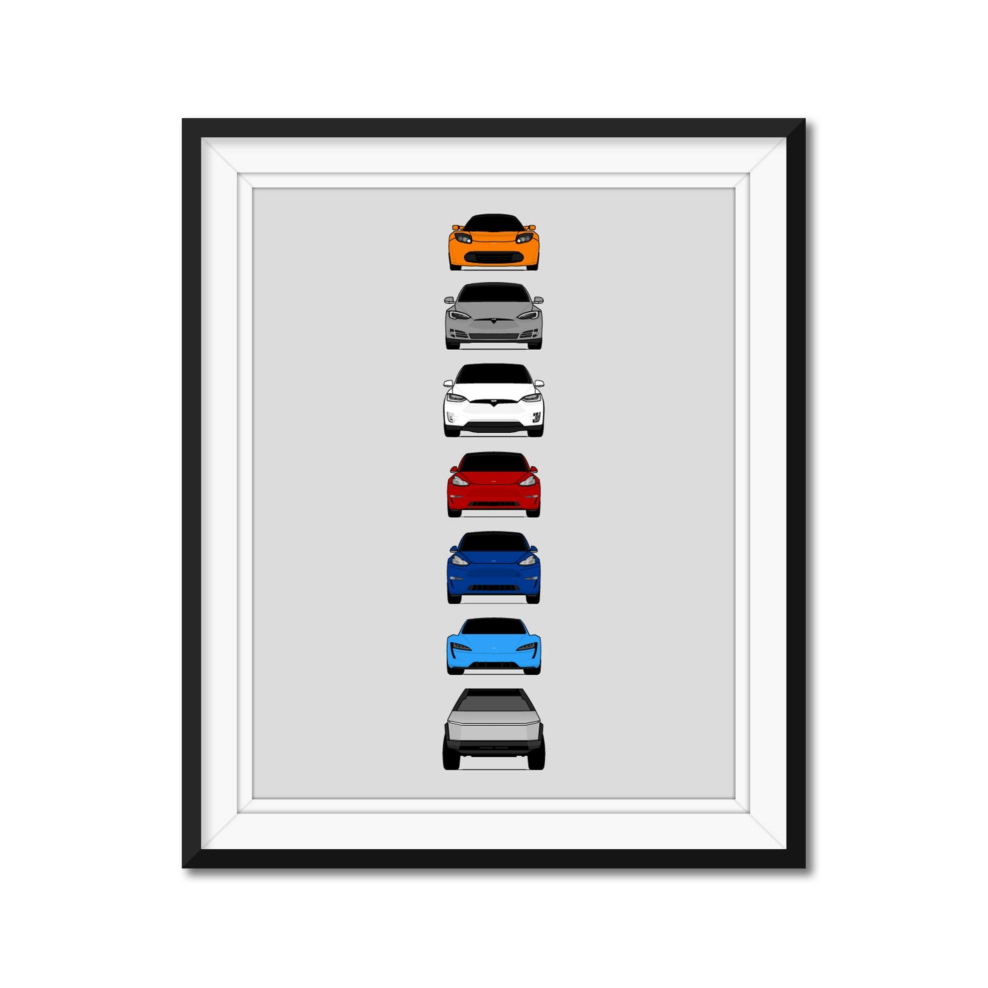 Tesla Generations Inspired Car Poster - Handmade Print of Roadster, Model S, Model X, Model 3, Model Y, Cyber Truck - Multi Color, 8x10" Satin Print (Unframed) - Perfect Gift for Car Enthusiast