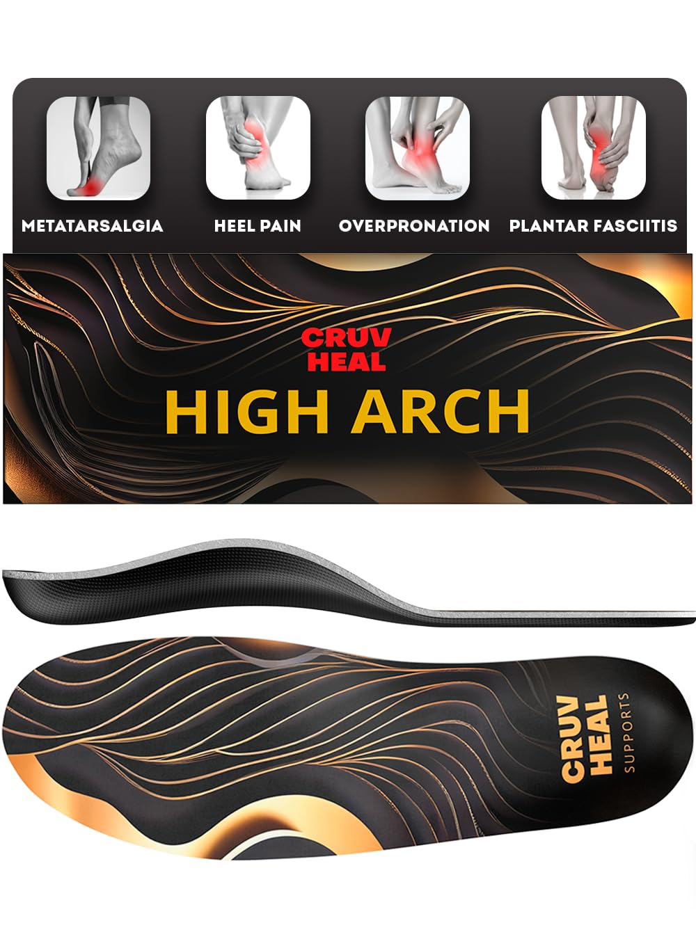 (2024) Premium High Arch Insoles for Ultimate Support - Plantar Fasciitis - Comfort for Foot Pain Relief - Anti-Fatigue - Orthotic Shoe Sole Inserts Men Women Standing All Day (Black, M)