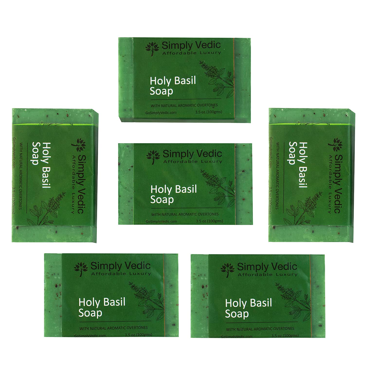 Simply Vedic 6-Pack Holy Basil/Tulsi Soap Bar For Body, Hand, Face. Made With Holy Basil Essential Oil, 100% Vegan Cold Pressed With Coconut Oil, Hand-Made, Gift Set For Men & Women (3.5 Oz. X 6).