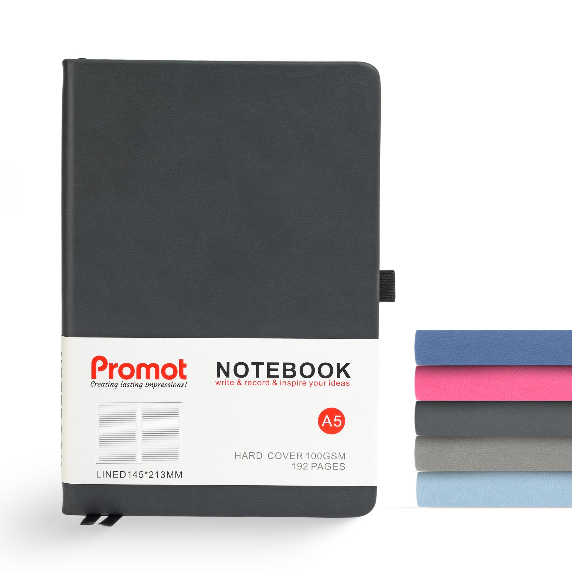 Promot Lined Journal Notebook - A5 Classic Writing Notebook, 192 Pages, Medium 5.5 x 8.2 Inches, 100 GSM Thick Paper, PU Leather, Pen Loop, Inner Pocket, Elastic Band - Black Hardcover Notebook