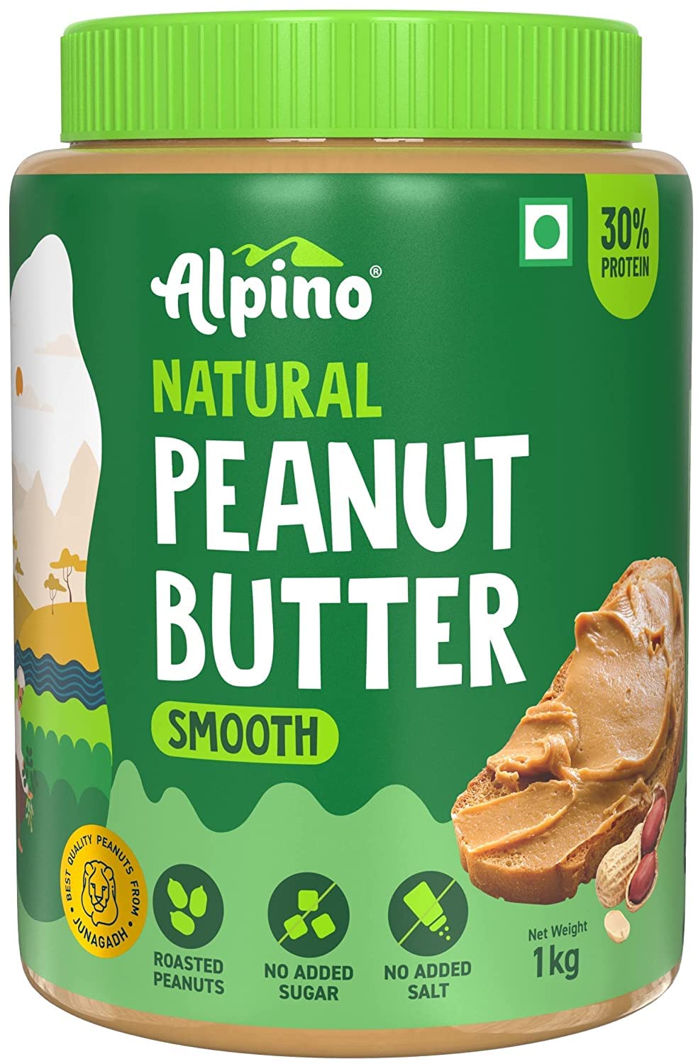 ALPINO Natural Peanut Butter Smooth 1kg - 100% Roasted Peanuts - 30g Protein, No Added Sugar & Salt, non-GMO, Gluten Free, Vegan – Plant Based, Unsweetened Peanut Butter Creamy - as Seen on Shark Tank India