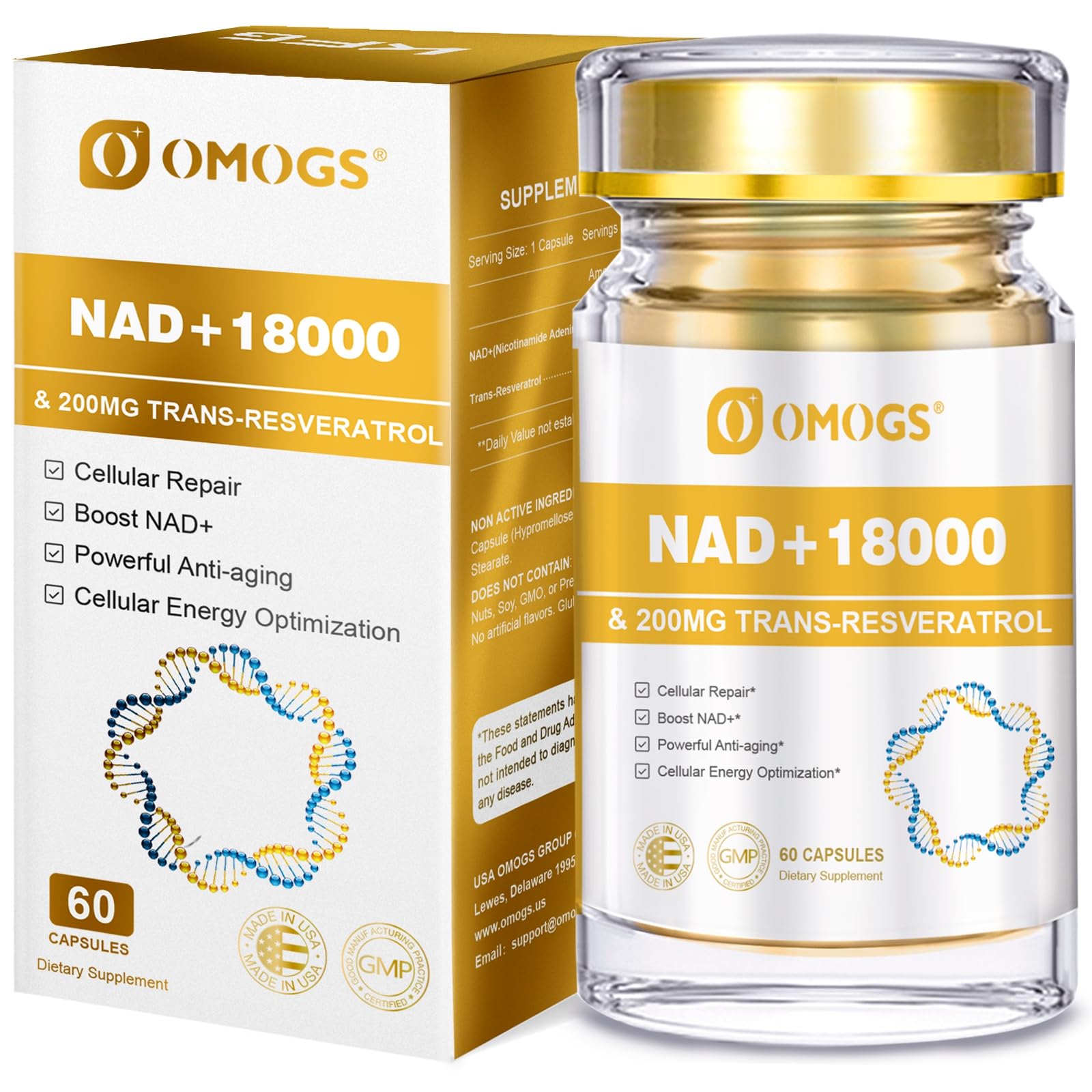 NAD+ 300 mg + Trans-Resveratrol 200 mg, Pure NAD Supplement, Max Absorption, Boosting Supplement for DNA Repair, Healthy Aging, Cellular Energy & Longevity, 60 Capsules