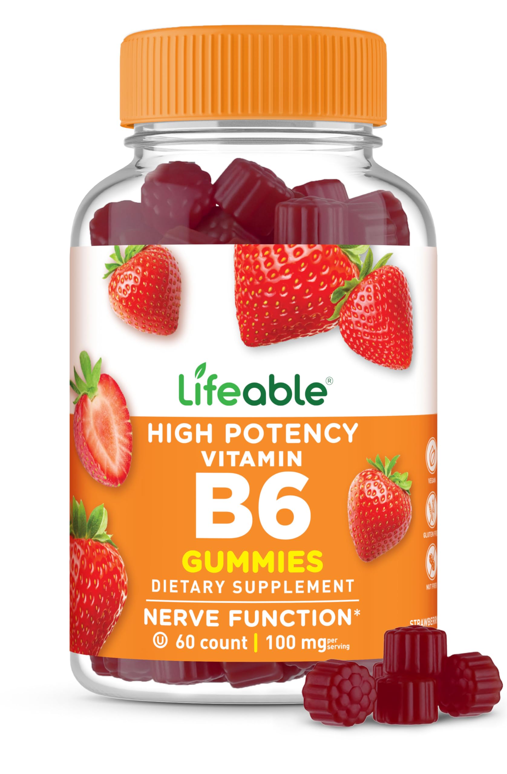 LifeableVitamin B6 Gummies | 100mg | Great Tasting VIT B6 Supplement | Vegan B6 Vitamins for Nerve Support Supplement | Vitamin B 6 for Adults, Men, Women | 60 Gummies