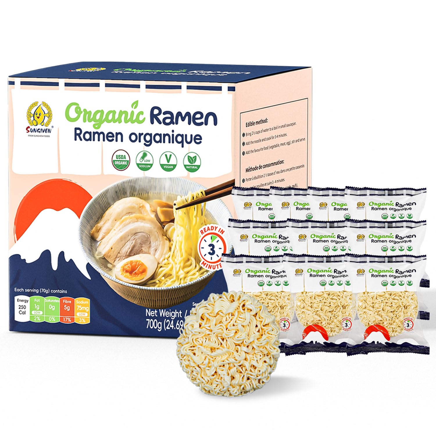 SUNGIVEN Organic Ramen Noodles, Healthy Low Sodium Noodles, Ready in 3 Minutes, Non-Fried Instant Noodles, No Additives or Preservatives, 2.46 OZ (Pack of 10) 24.69 Oz