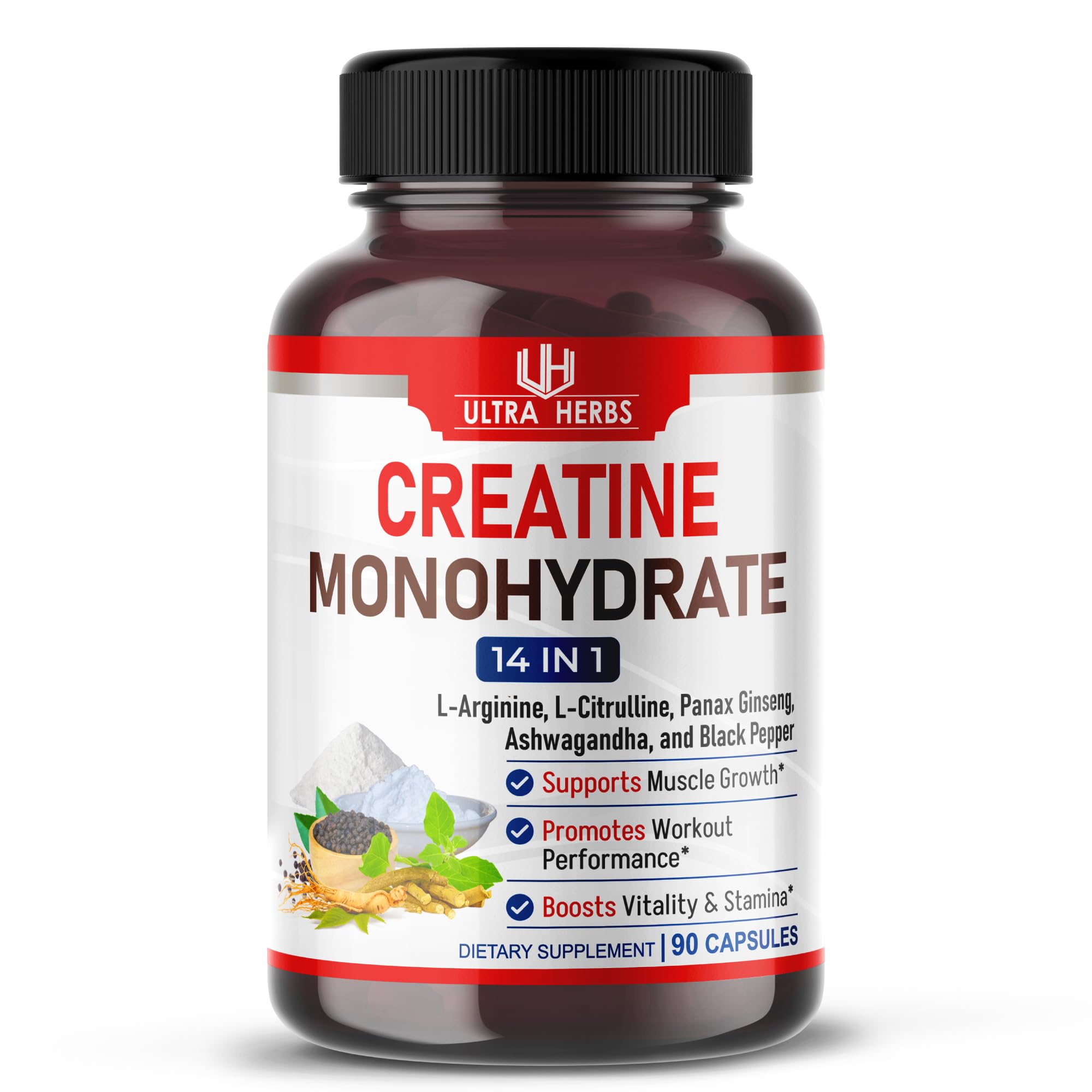 Ultra Creatine Pills 9800mg | Creatine Monohydrate Capsules Enhanced with L-Arginine, L Citrulline, Ginseng | Support Stamina, Energy & Muscle Growth | 90 Capsules