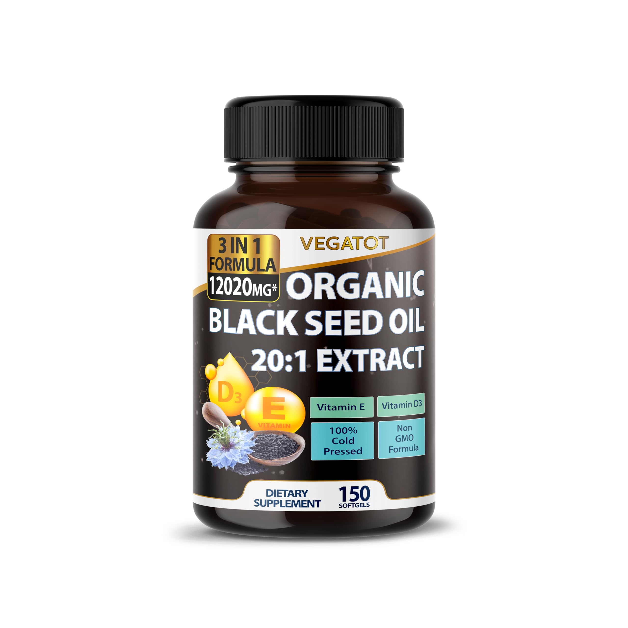 VEGATOT Organic Black Seed Oil 12,020mg with Vitamin E, Vitamin D3 - High Potency for Skin, Joint, Immune System (150 count (pack of 1))