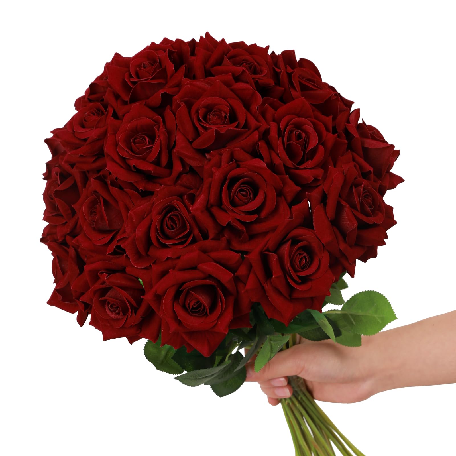 Floweroyal 12pcs Artificial Roses Velvet Flowers with Long Stem Fake Roses Bouquet DIY for Home Garden Wedding Decor (Dark Red).