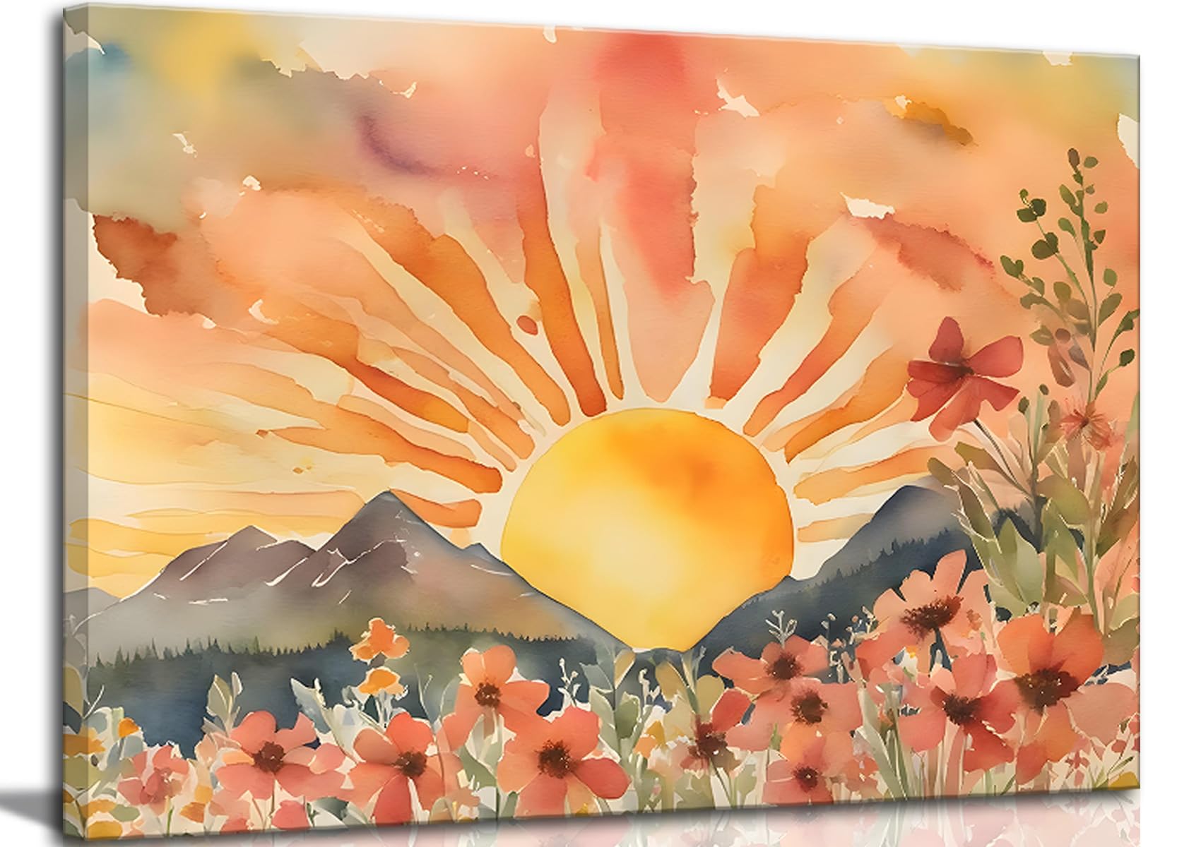 Boho Sun Canvas Wall art Mid-Century Modern Abstract Bohemian Sunset in The Mountains Watercolor Wildflowers Sunrise Landscape Picture Wall Decor Poster Print Artwork for Living Room Bedroom