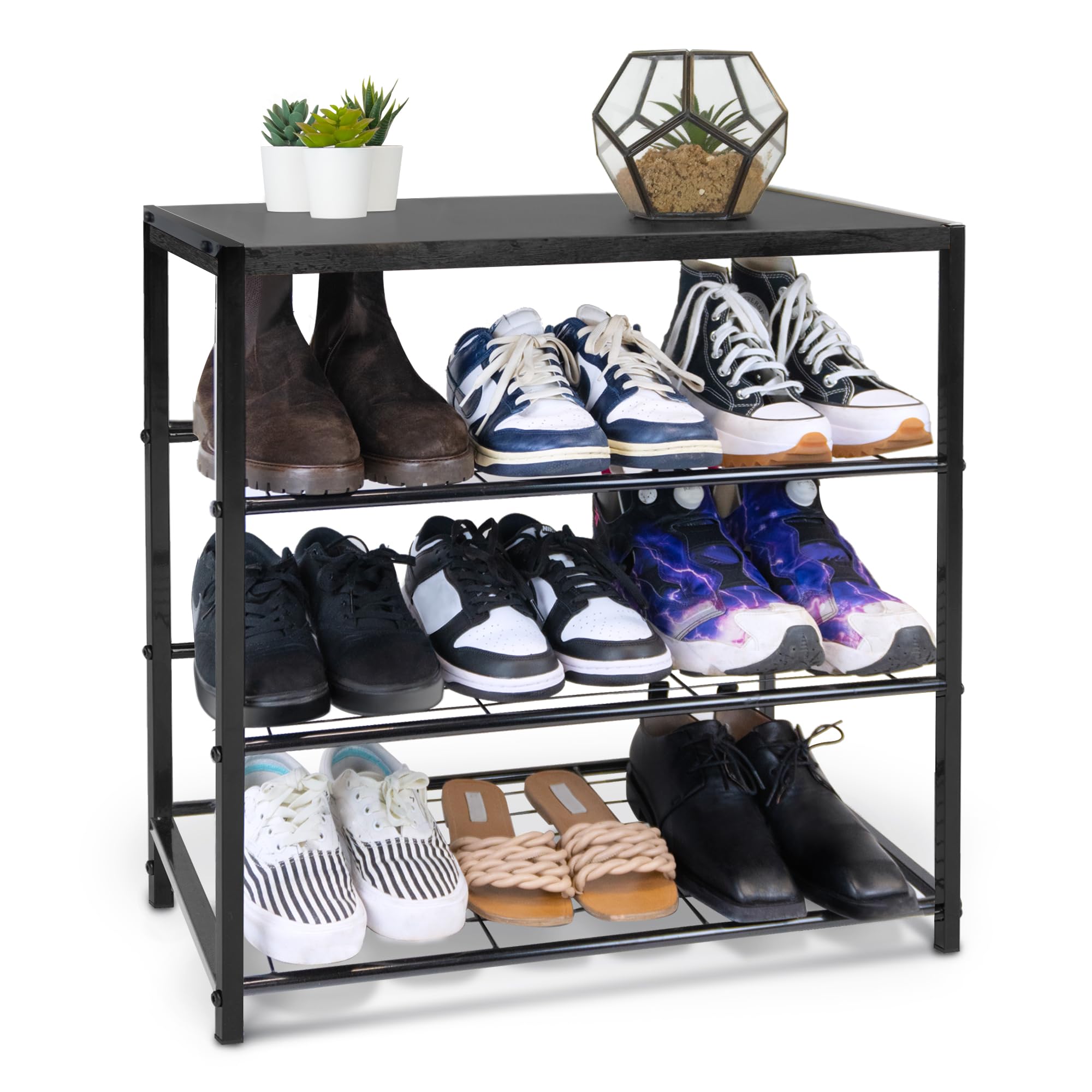 KEPLIN 4 Tier Shoe Rack with Shelf - Stylish Entryway Organiser, Easy Assembly, Sturdy & Durable Iron & Wood Design- Storage Solution for Home, Hallway, Bathroom & Bedroom (63x59x30cm)- Black