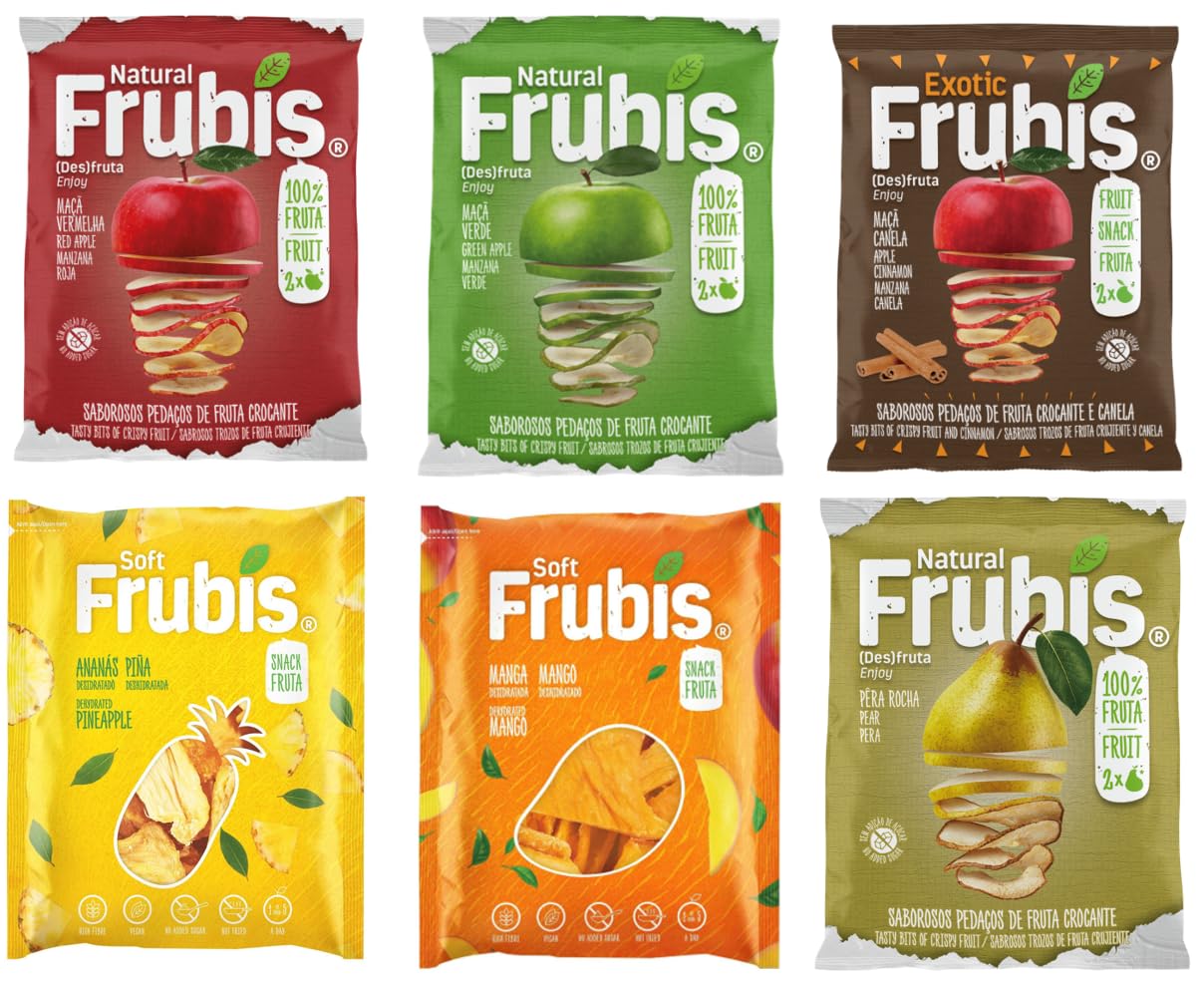 Frubis Tasty Bits Of Crispy Fruit Snacks | Red Apple | Green Apple | Apple and Cinnamon | Pear | Mango | Pineapple - 6 Pack