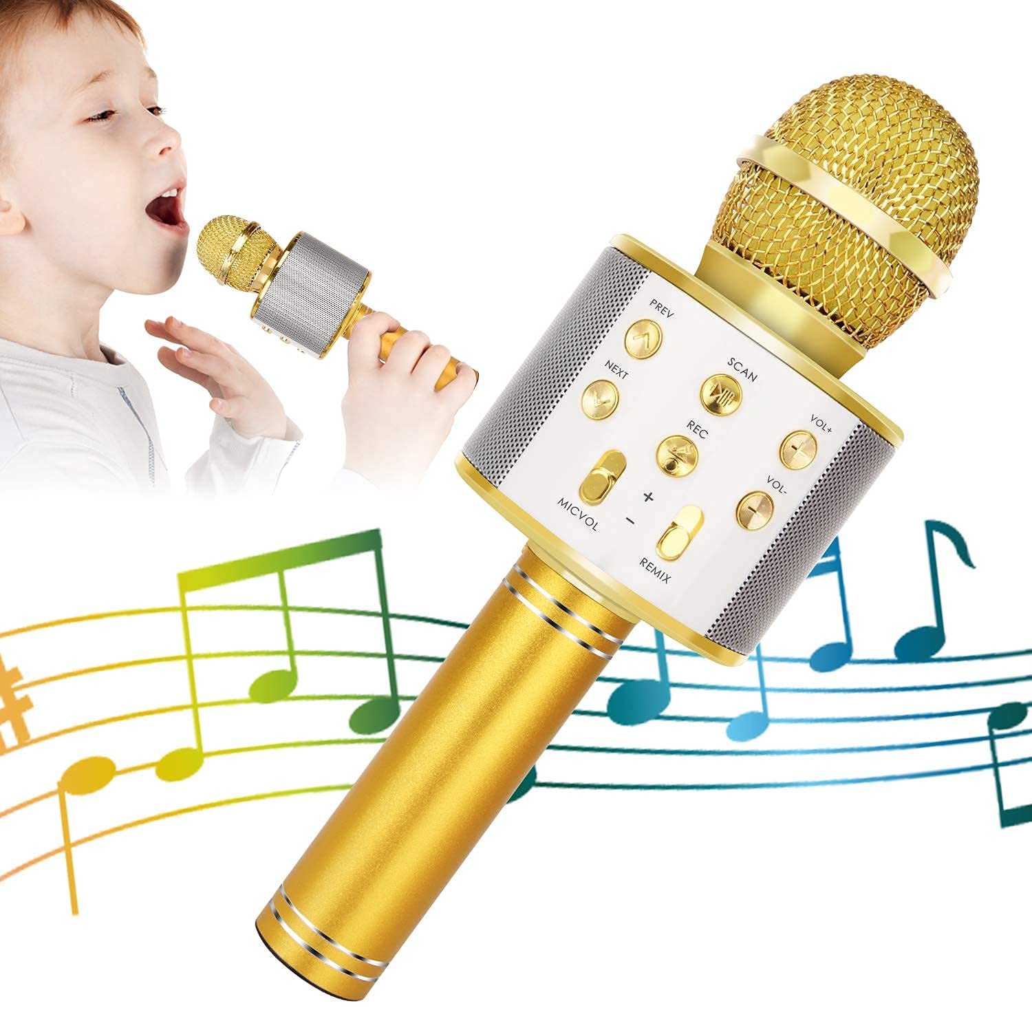 KIDWILL Wireless Bluetooth Karaoke Microphone for Kids, 5-in-1 Portable Handheld Karaoke Mic Speaker Player Recorder with Adjustable Remix FM Radio for Kids Girls Boys Teens Birthday (Gold)