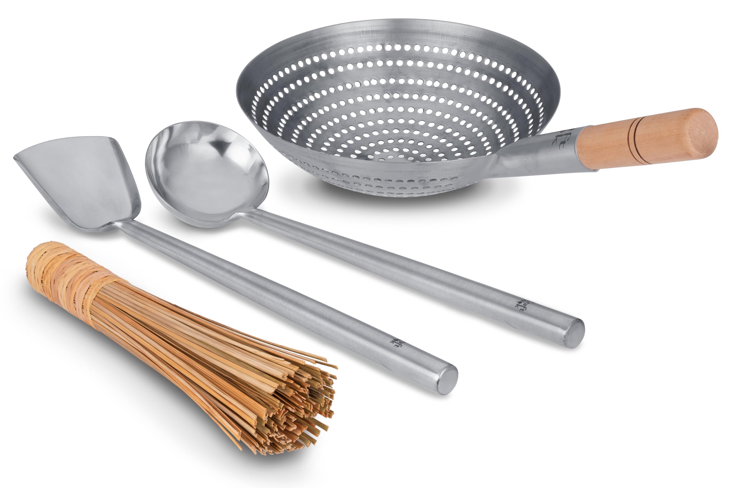 Craft Woks/s Tools 4 pcs Set: Ladle, Spatula, Strainer, Bamboo Brush/Utensils Traditional Asian Cookware / 732W324