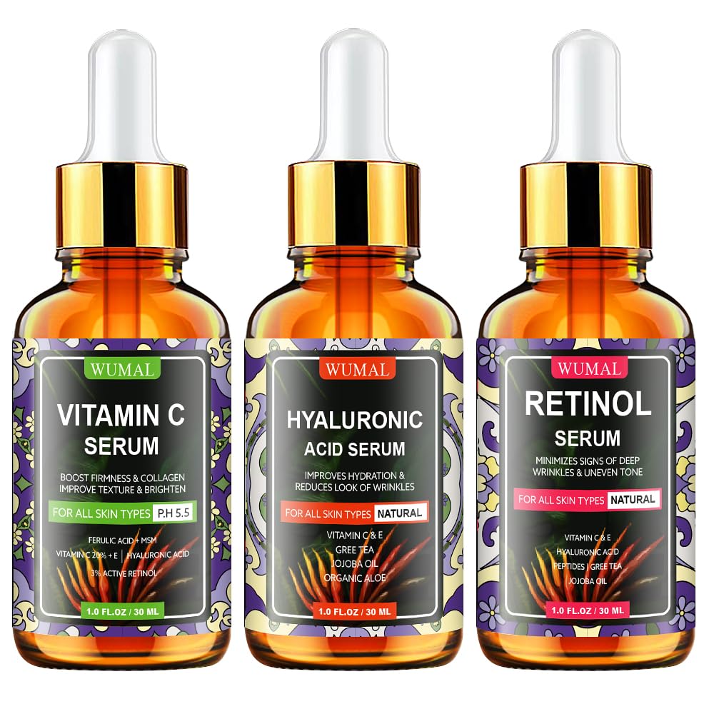 3 Pack Face Serum Set - Vitamin C Serum, Retinol Serum & Hyaluronic Acid Serum - Firming, Brightening & Hydrating - Reset Your Skin Day and Night