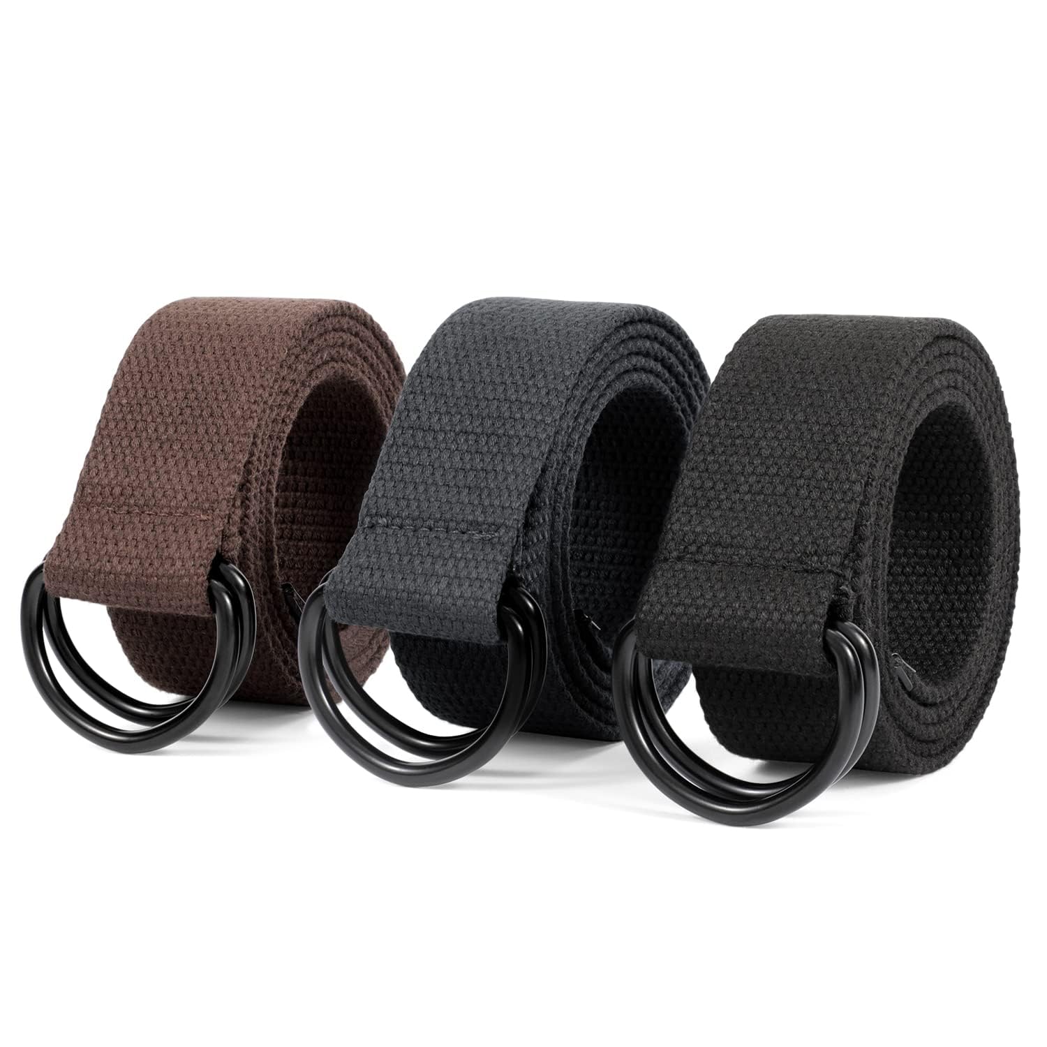 JASGOODMen Canvas Belt Web Fabric Casual Belt with Black Double D-ring 1 1/2" Wide Set of 2