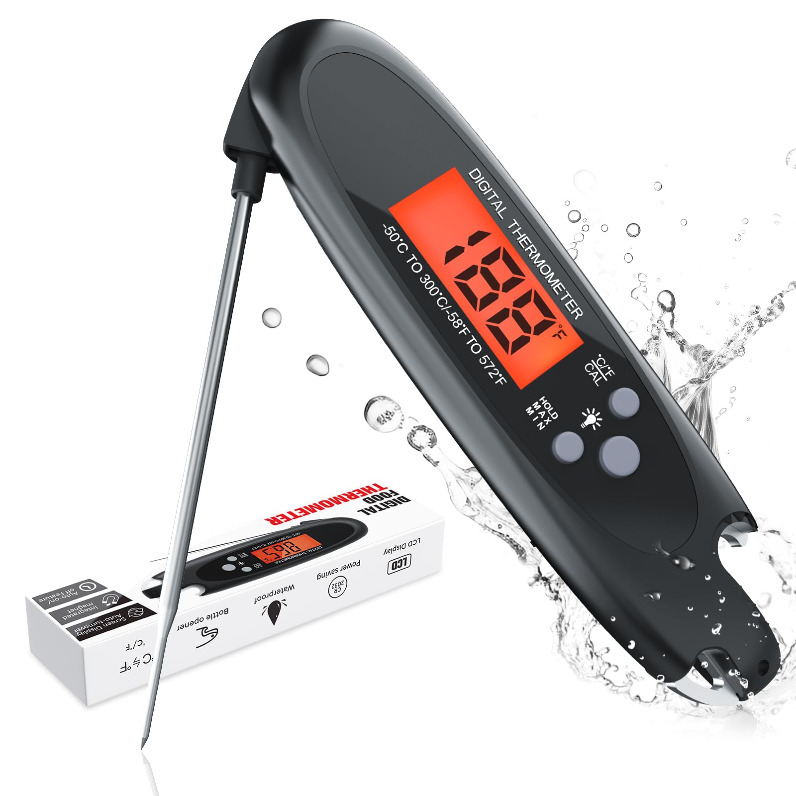 Meat Thermometer, Digital Instant Read Food Thermometer, Folding Long Temperature Probe Cooking Thermometer with °F/°C, Auto Rotating Display & On/Off, Perfect for Kitchen, BBQ, Milk, Water