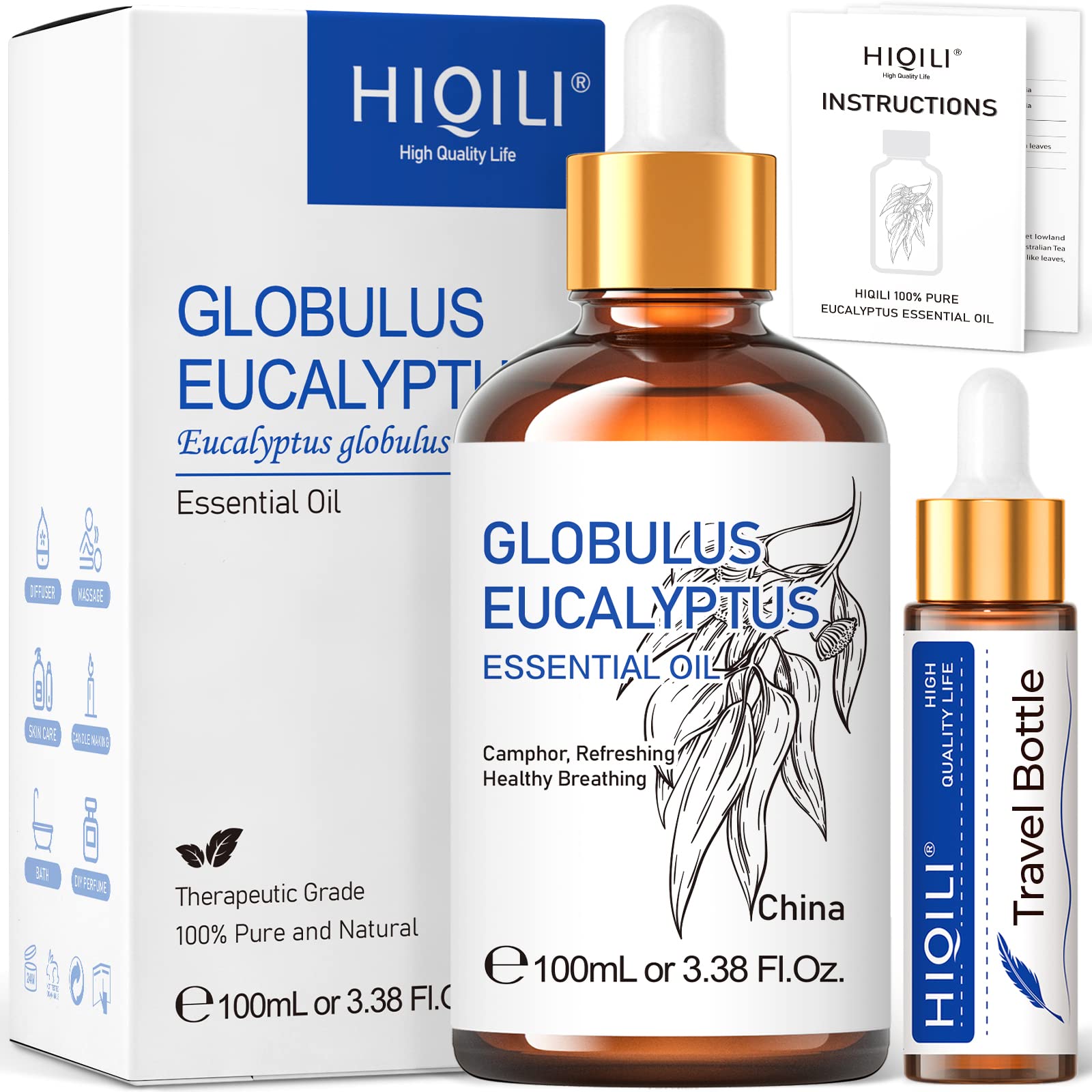 HIQILIEucalyptus Essential Oil(100ML), 100% Pure Natural for Diffuser, Humidifier, Aromatherapy, Skin Care - 3.38 Fl. Oz