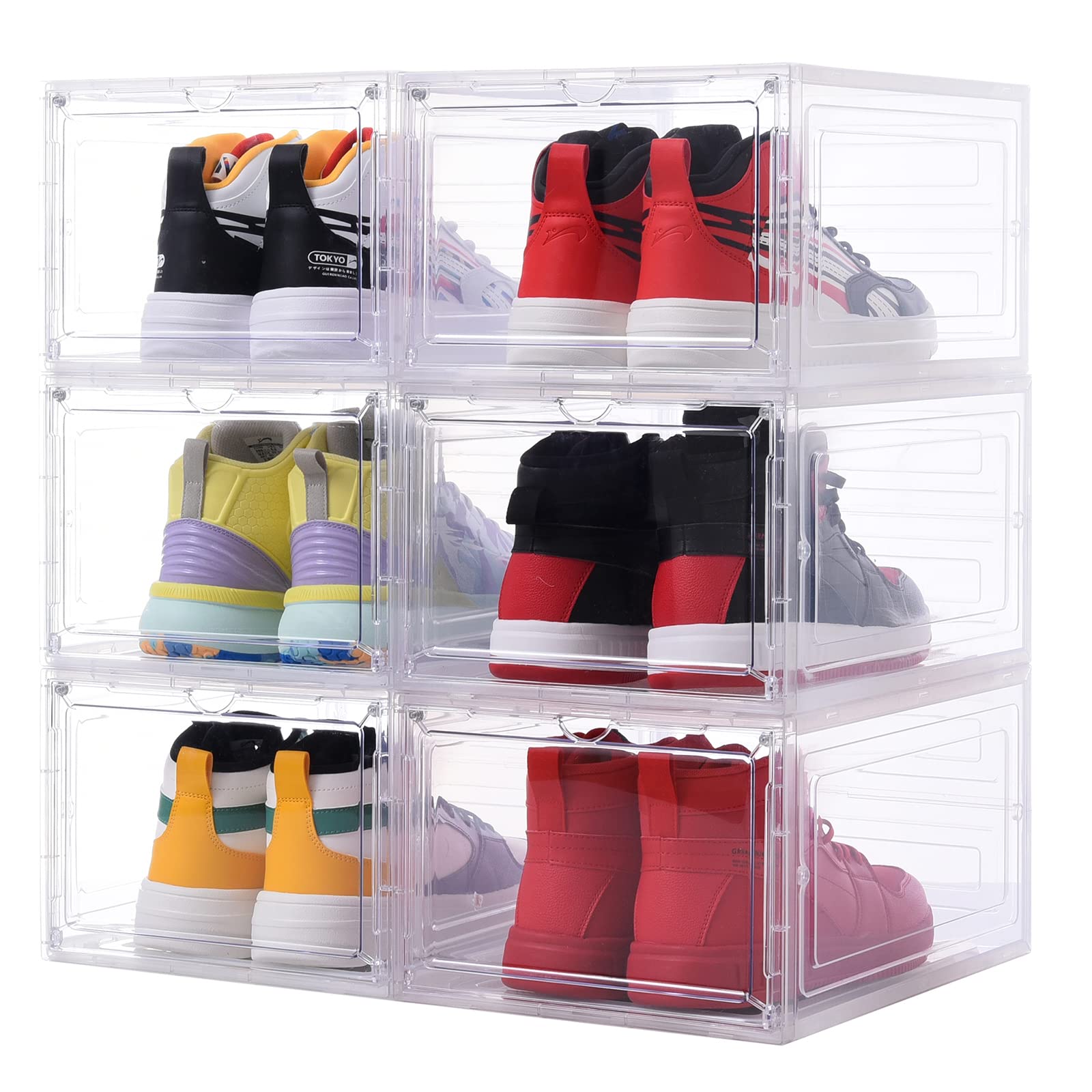 Drop Front Shoe Box,Set of 6,Shoe Storage Boxes Clear Plastic Stackable,Clear Shoe Box,Shoe Box Storage Containers And Organizer,For Display Sneakers, US Size 12- (13.4”x 10.6”x 7.4”)Clear