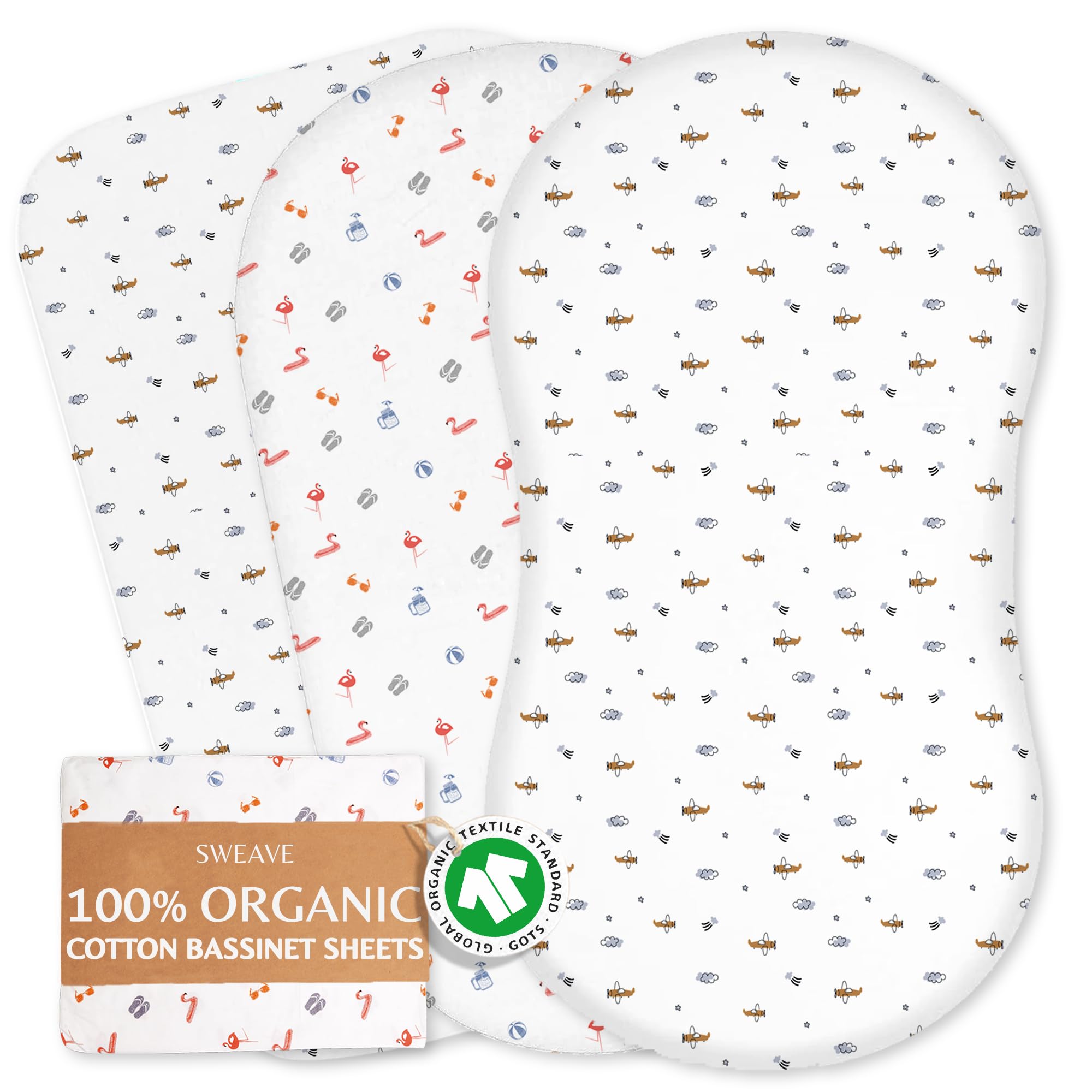 Organic Cotton Bassinet Sheets (2-Pack) - 100% GOTS Certified - Fits Up To 83x40 cm / 16x33 Inches - Breathable Percale Weave- Softer With Each Wash- Compatible with Moses Baskets & Other Bassinets