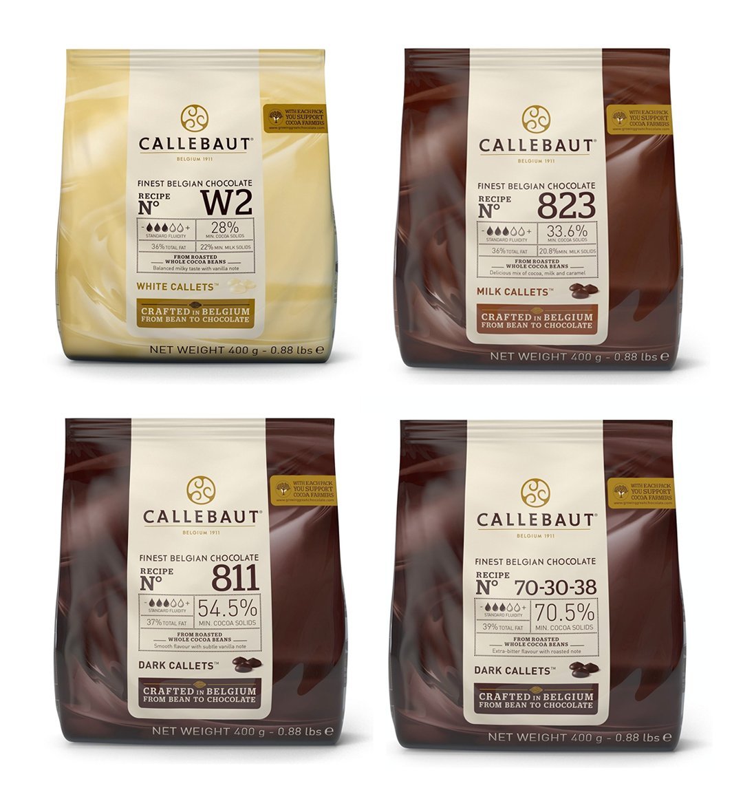 Callebaut 4 x 400g Bundle - Finest Belgian Dark, Milk & White Chocolate Couverture (Callets)