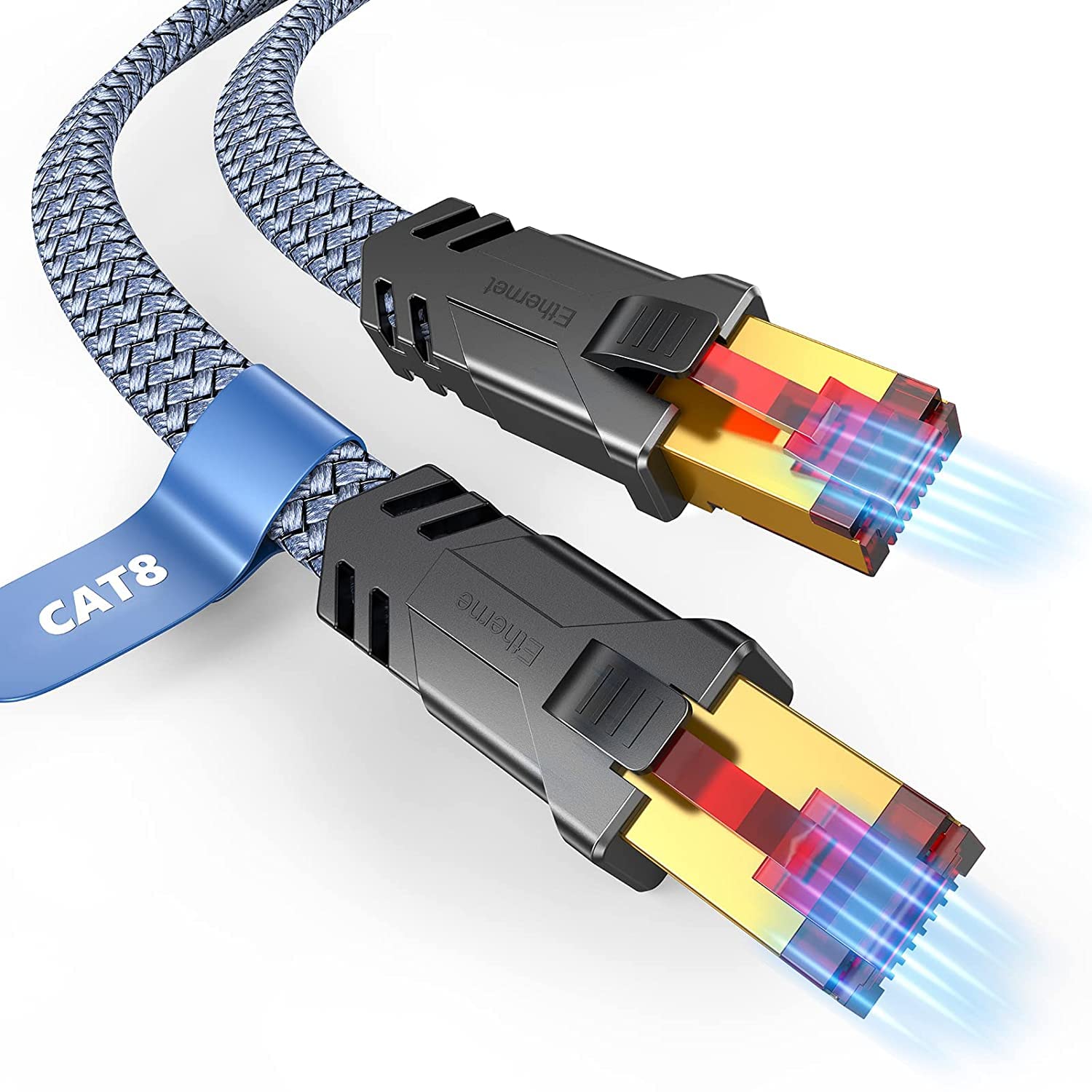 SnowkidsCat 8 Ethernet Cable 1.5 FT, Flat High Speed Ethernet Cable, 40Gbps, 2000Mhz Braided High Duty Long Ethernet Cable, Gold Plated RJ45 Connector for Modem/Router/PS3/4/5/Gaming/PC