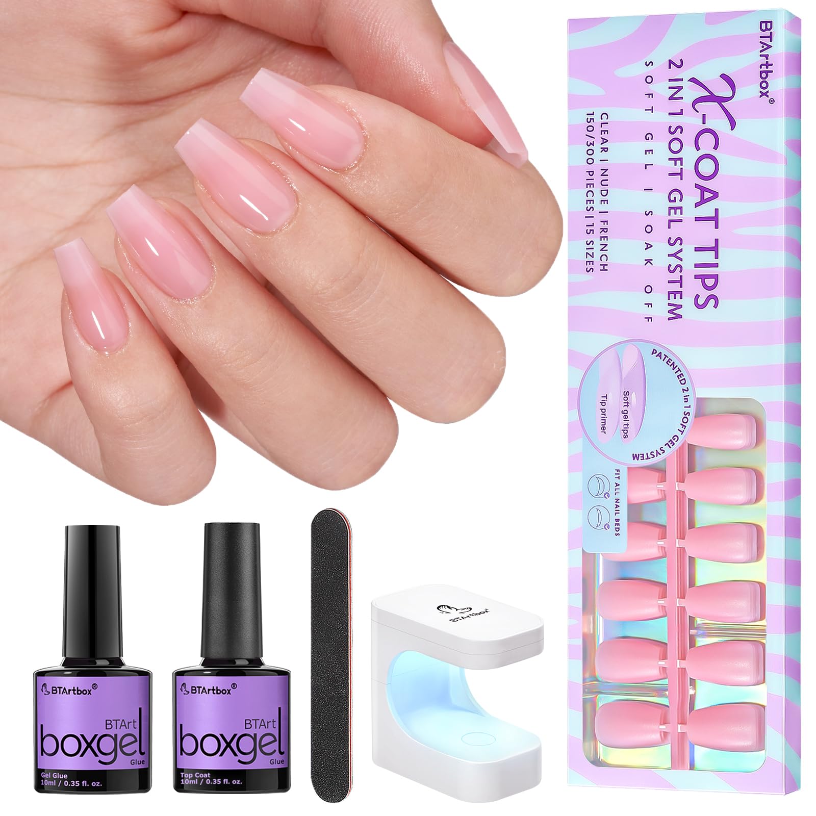 Gel Nail Kit - BTArtbox Soft Gel Nail Tips and Glue Gel Kit, 2 in 1 X-coat Tips with Tip Primer Base, 150pcs Short Coffin Nail Tips Fake Nails with Gel Nail Glue Top Coat Nail Extension Kit, Pink