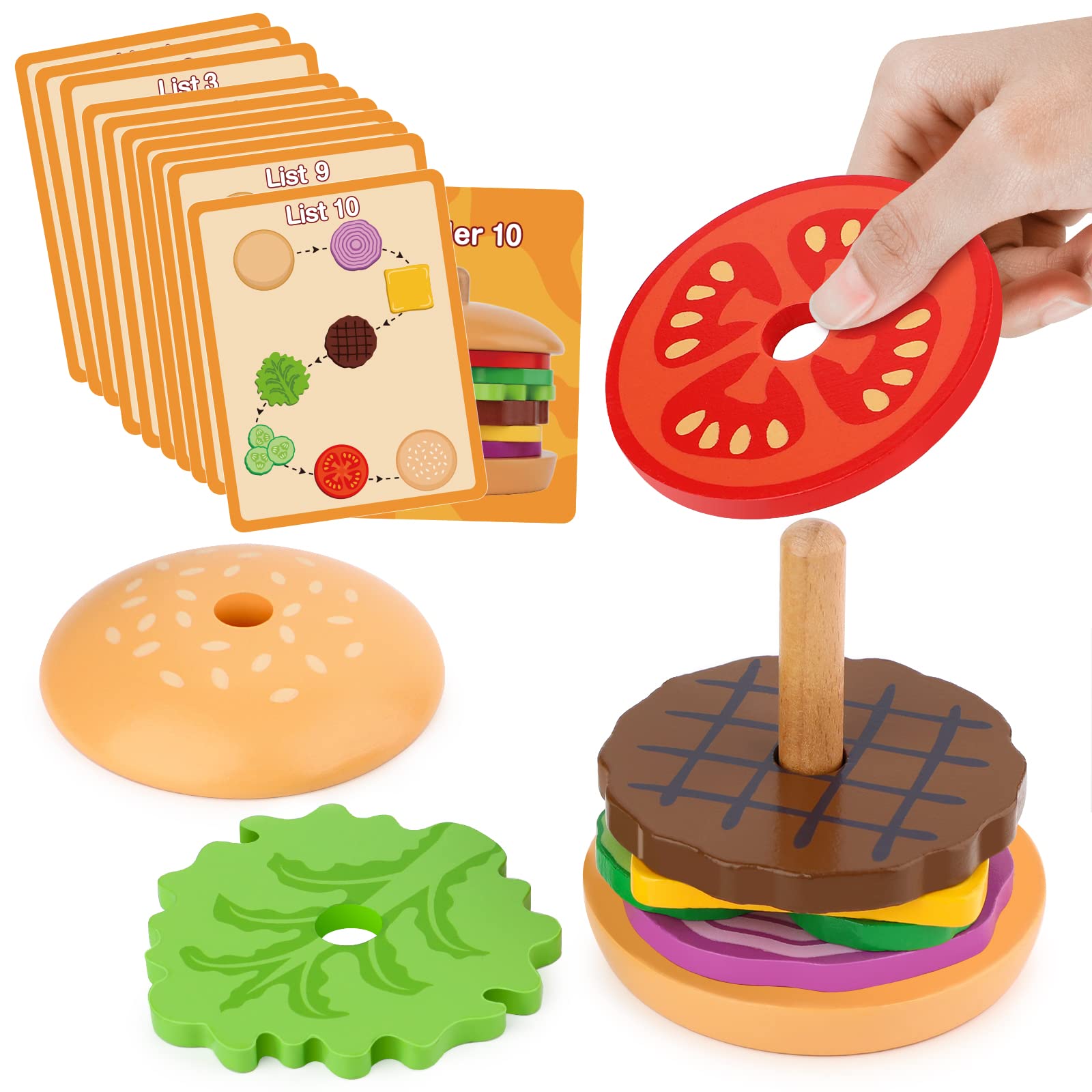 Aizweb Montessori Toys for 3 Year Old - Wooden Burger Stacking Toys for Toddlers and Kids Preschool, Educational Toys, Fine Motor Skill Toy, Blocks for Toddlers, Learning Toys