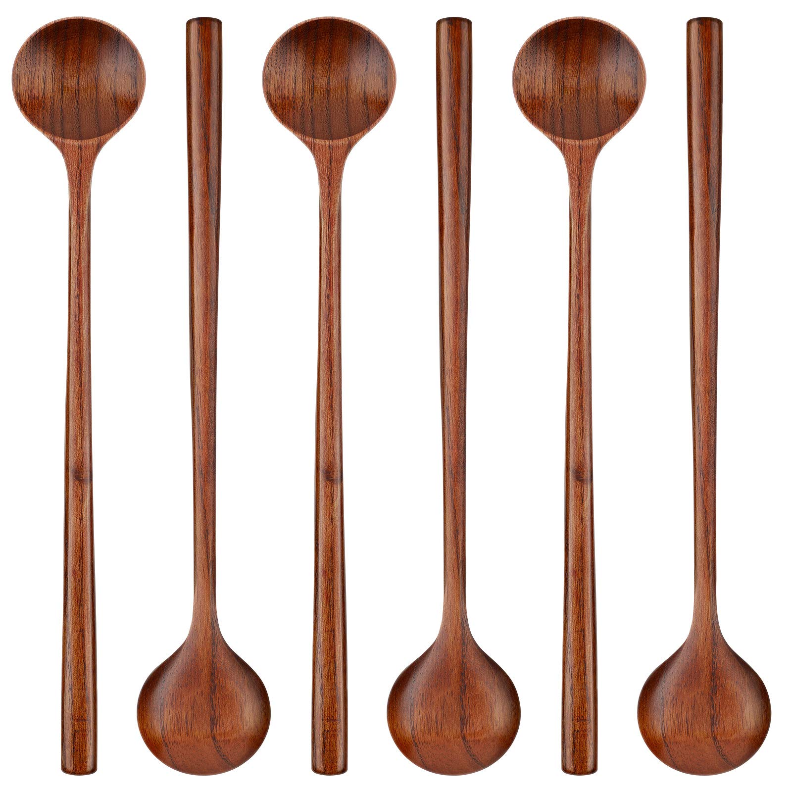 Patelai 6 Pcs 11 inch Long Spoons Wooden Long Handle Round Spoons Korean Style Soup Spoons for Soup Cooking Mixing Stirring Kitchen Tools Utensils