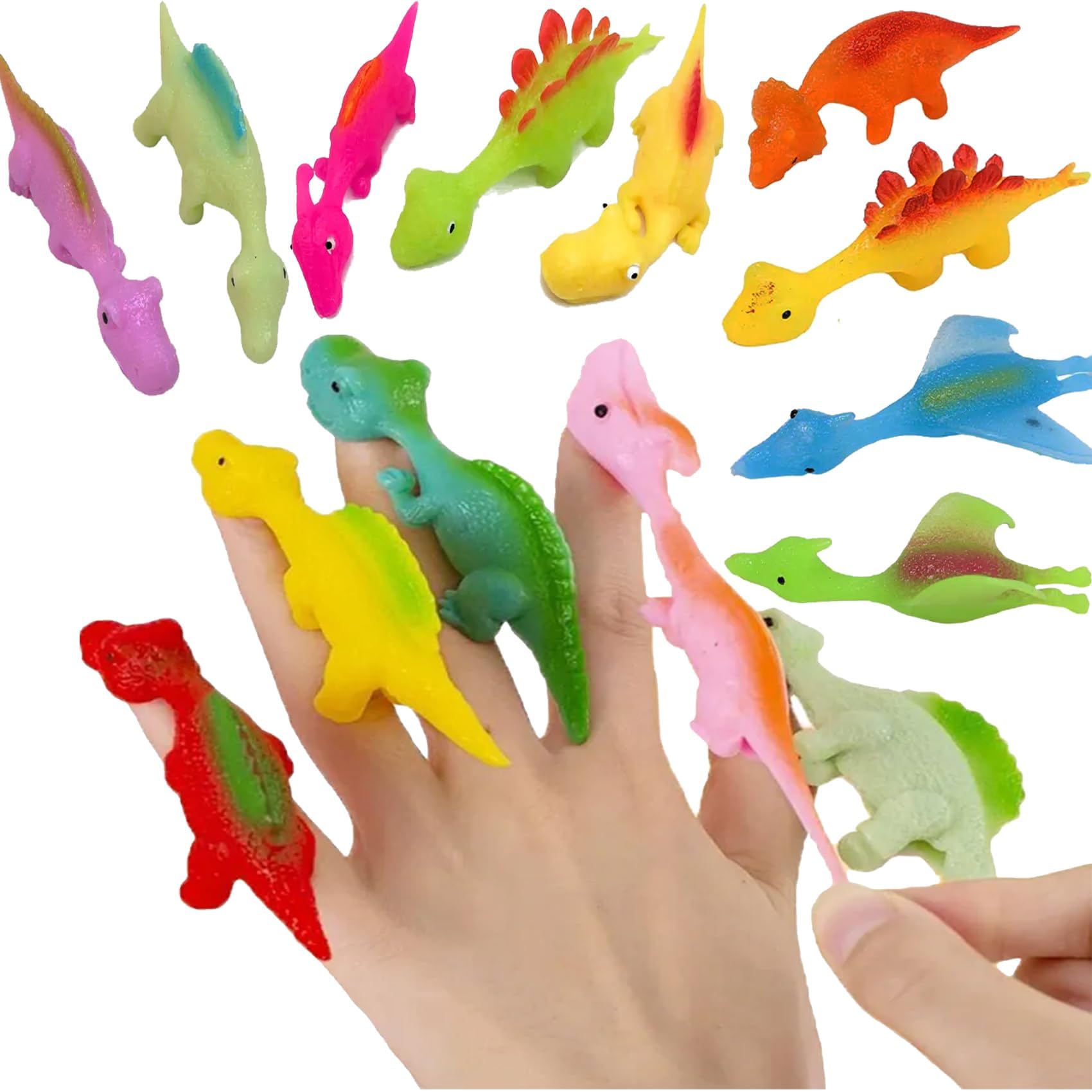 20PCS Slingshot Dinosaur Finger Toys - Rubber Flying Dinosaur Finger Slingshot Toys - Animal Catapult Toy Set with Funny Flicking Chicken - Ideal Kids Party Favors Random Colors (20pcs)