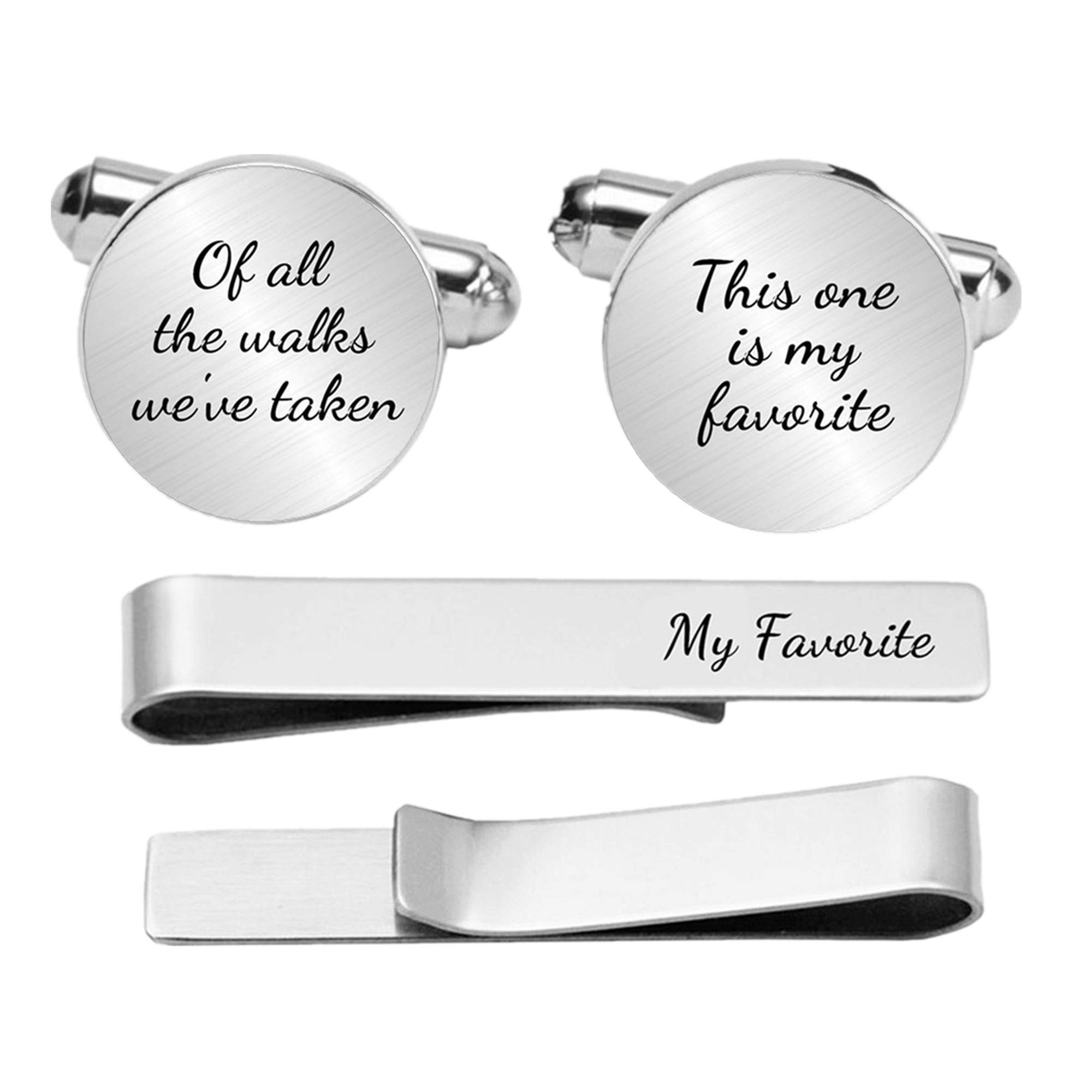 Kooer Personalized Engraved Cuff Links Tie Clip Set Custom Engrave Phrase Wedding Cufflinks Jewelry Gift for Father Dad Of all the Walks We've taken This one is my Favorite