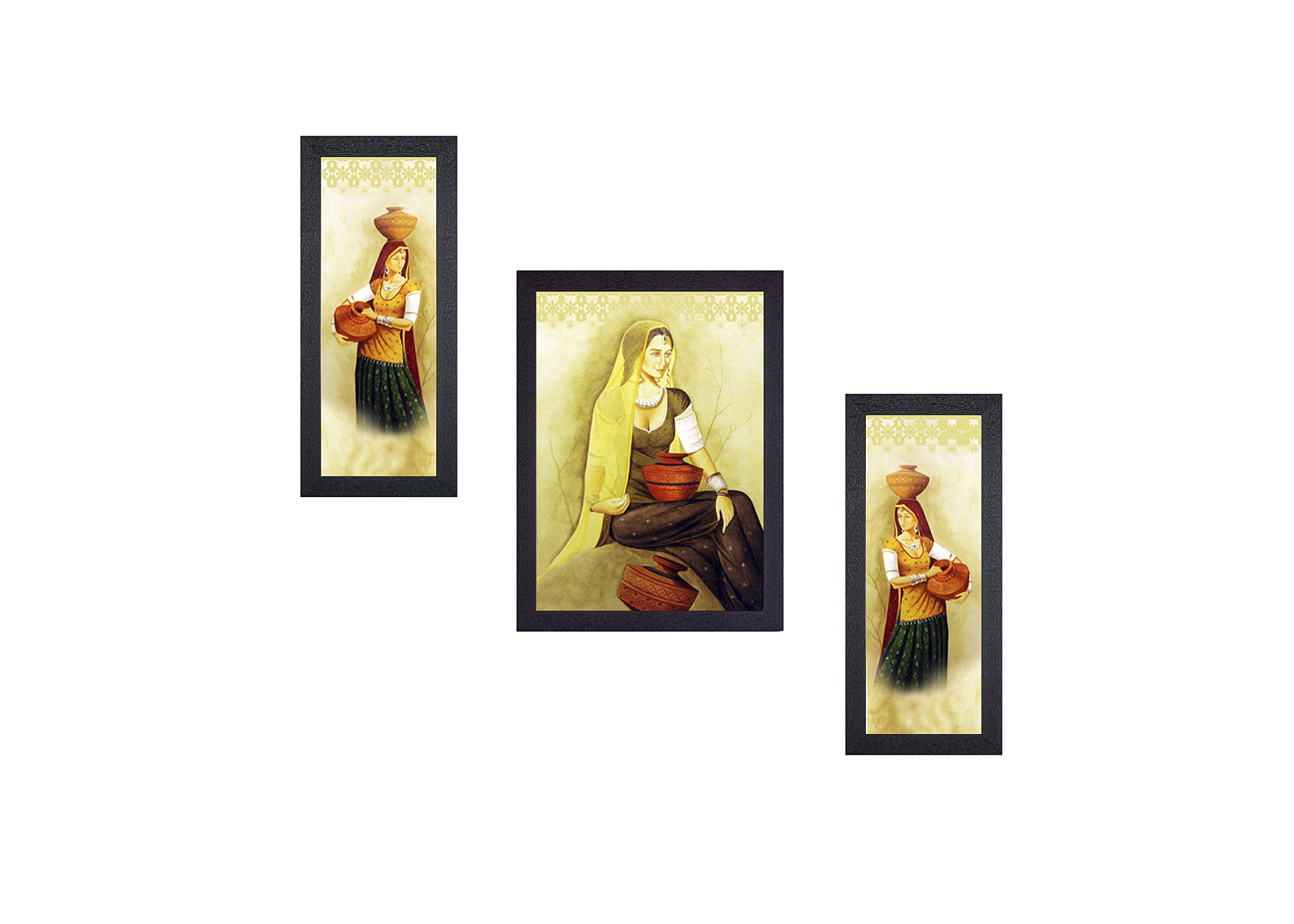 Masstone Rajasthani Panihari Village Woman UV Textured Set of 3 Painting