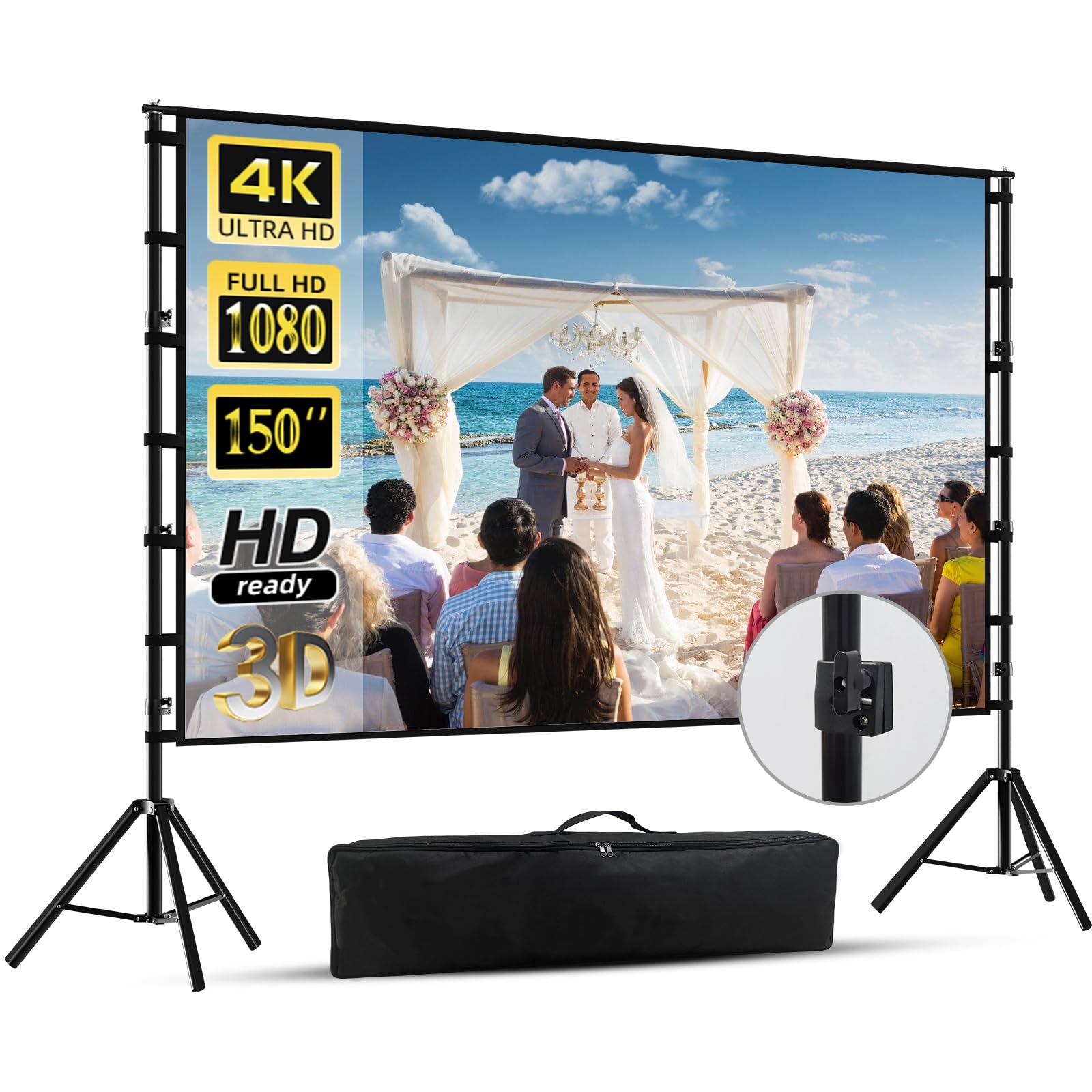 150 inch Projector Screen With Stand,HUANYINGBJB Outside Projection Screen, Portable 16:9 4K HD Rear Front Movie Screen with Carry Bag for Theater Backyard Movie night,Cinema School, Churches, Parties