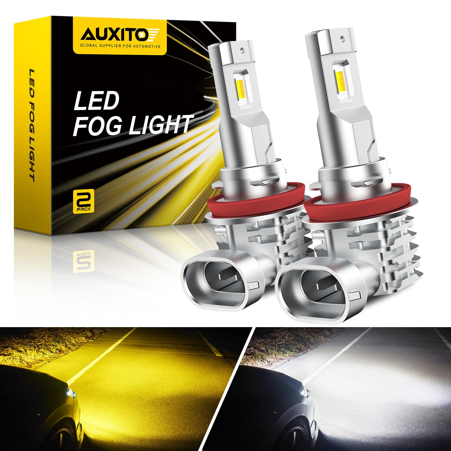 AUXITO H11 H8 H16 Switchback LED Fog Light Bulbs, 6500K White/3000K Amber Yellow, 6000LM 300% Brightness, Dual Color White Yellow Driving Fog Lights, Non-polarity, Pack of 2