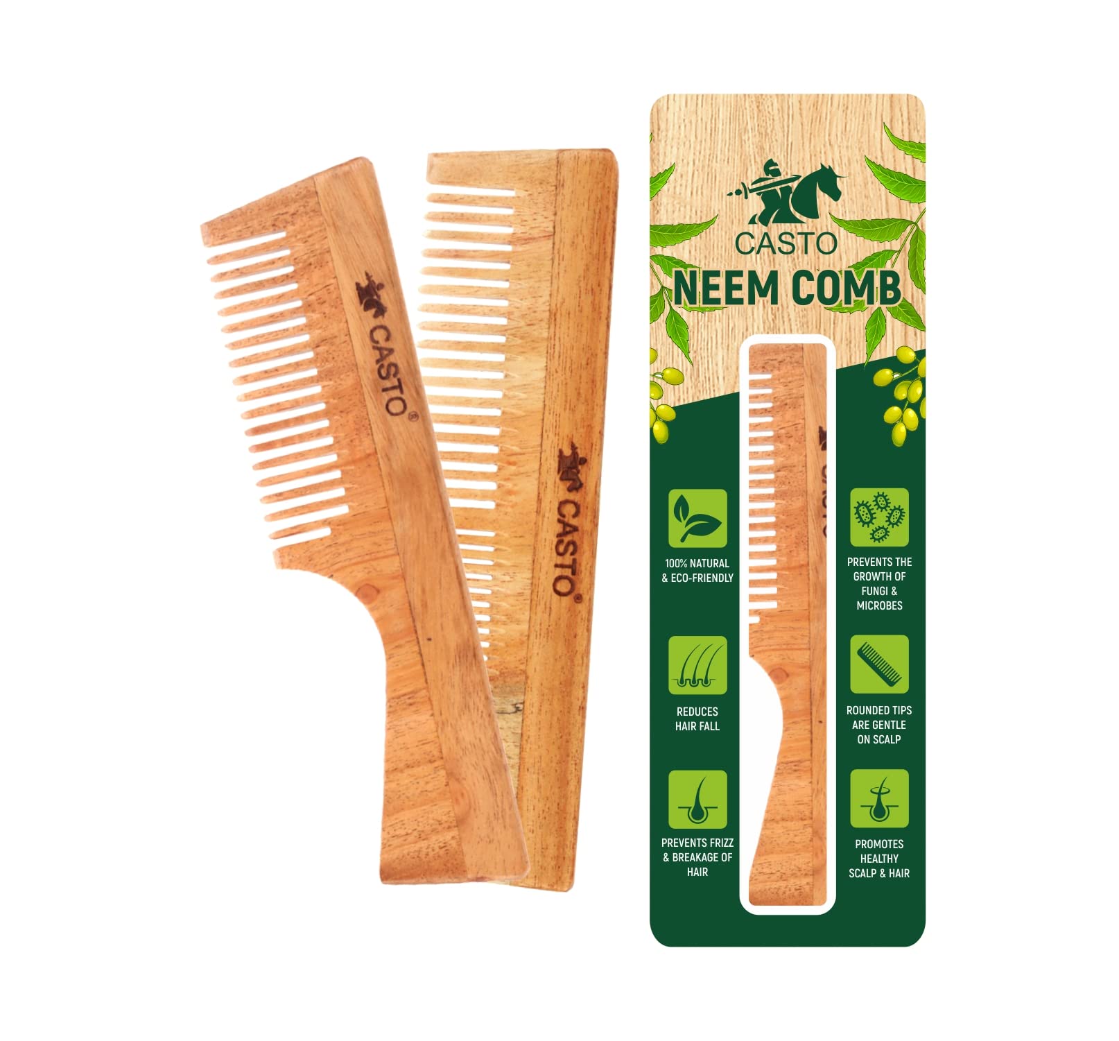 CASTO Organic Pure Neem Handmade Neem Wood Comb for Men and Women Pack of 2 (Neem Comb + B)