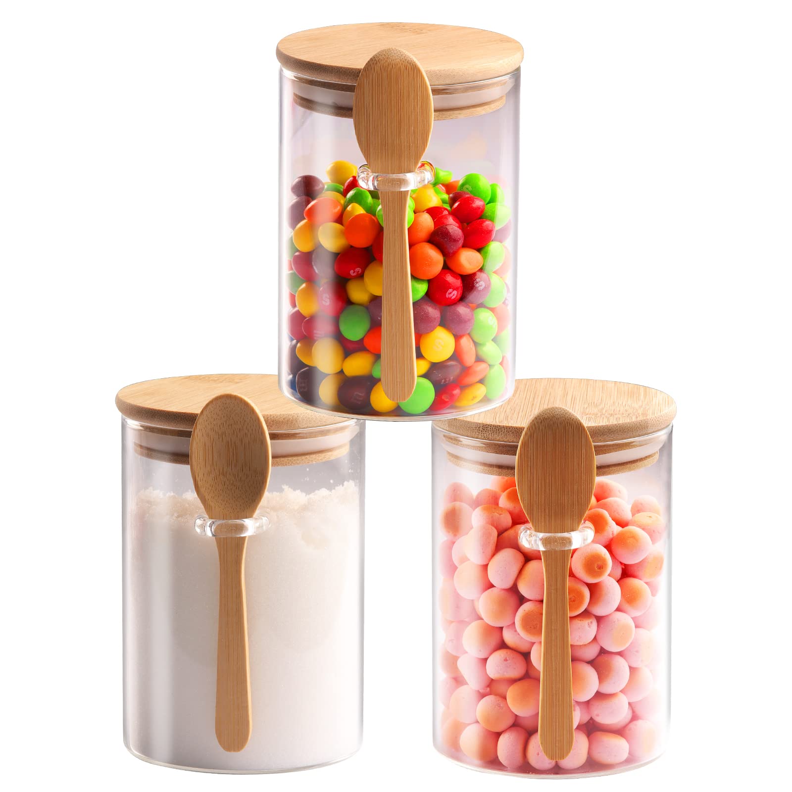 Set of 3 Airtight Glass Jars with Bamboo Lids and Spoons - 20oz Decorative and Durable Borosilicate Glass Canisters Perfect for Storing Coffee Beans,Tea,Flour,Sugar,Nuts,Candy,Bath Salts and More