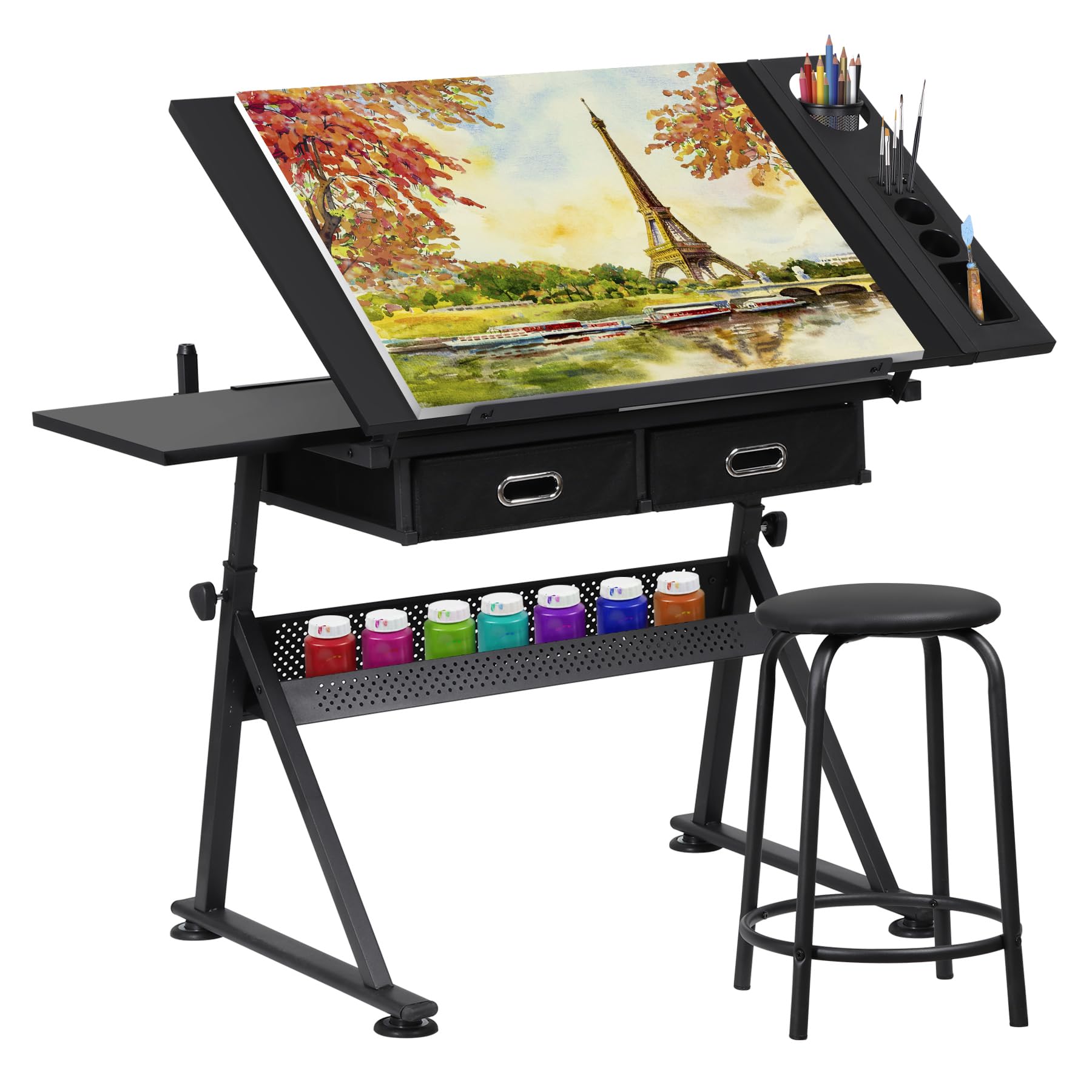 Nova Microdermabrasion Height Adjustable Drafting Table Art Desk Drawing Table Tabletop Adjustable Art/Craft Desk with Stool and 2 Slide Drawers for Reading, Writing, Crafting, Painting Art