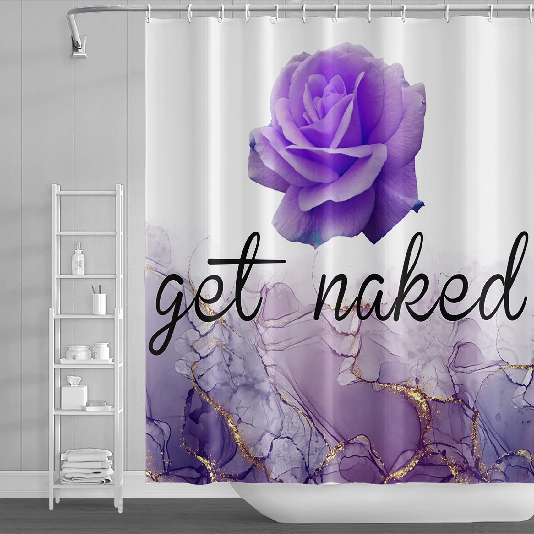 DORCEV 48x72inch Get Naked Shower Curtain Purple Elegant Flower Chic Marble Texture Golden Aesthetic Modern Artwork Bath Curtain for Woman Girly Bathroom Bathtub Liner Decor Polyester with Hooks