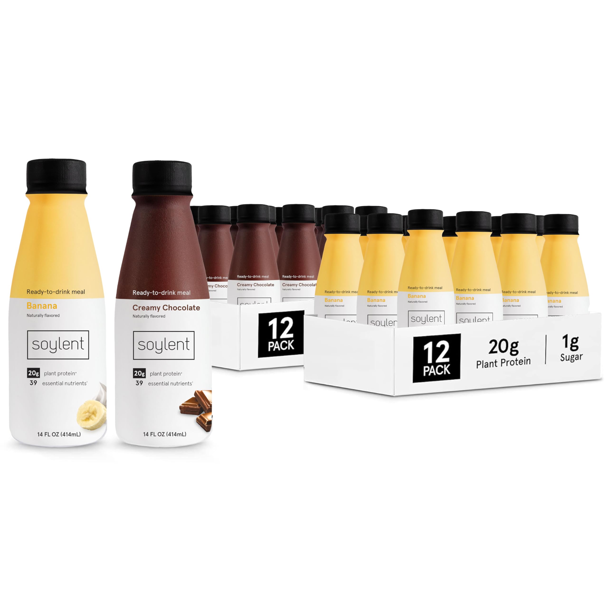 Soylent Meal Replacement Shake Bundle - Banana and Creamy Chocolate Flavors - Two 12-packs of 14 oz bottles - 24 total