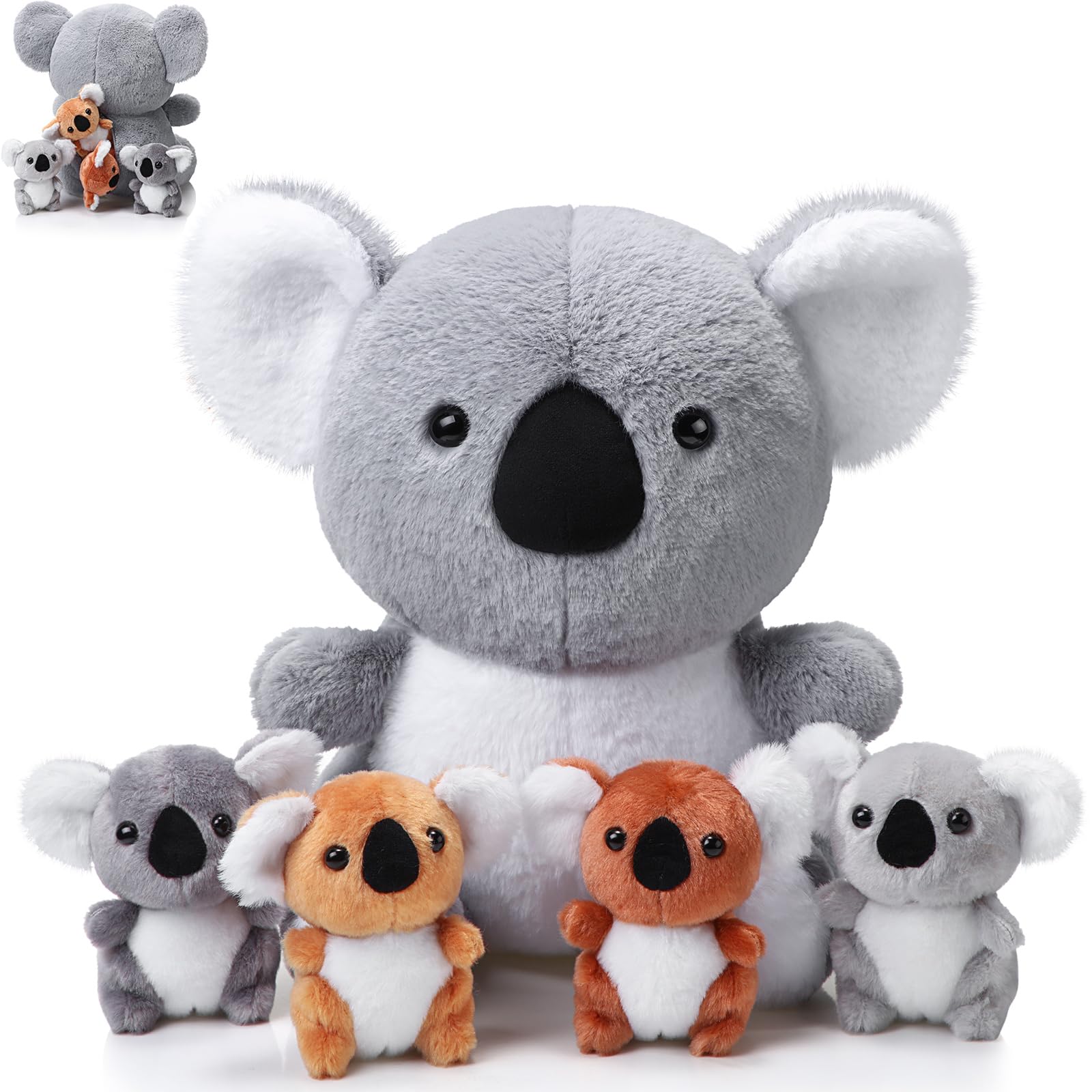 Lenwen5 Pcs Koala Bear Plush Toy Set 13 Inch Mommy Koala Stuffed Animal with 4 Cute Babies in Zippered Belly Soft Cuddly Koala Plushies for Birthday Baby Shower Party Favor Gifts Home Sofa Decors