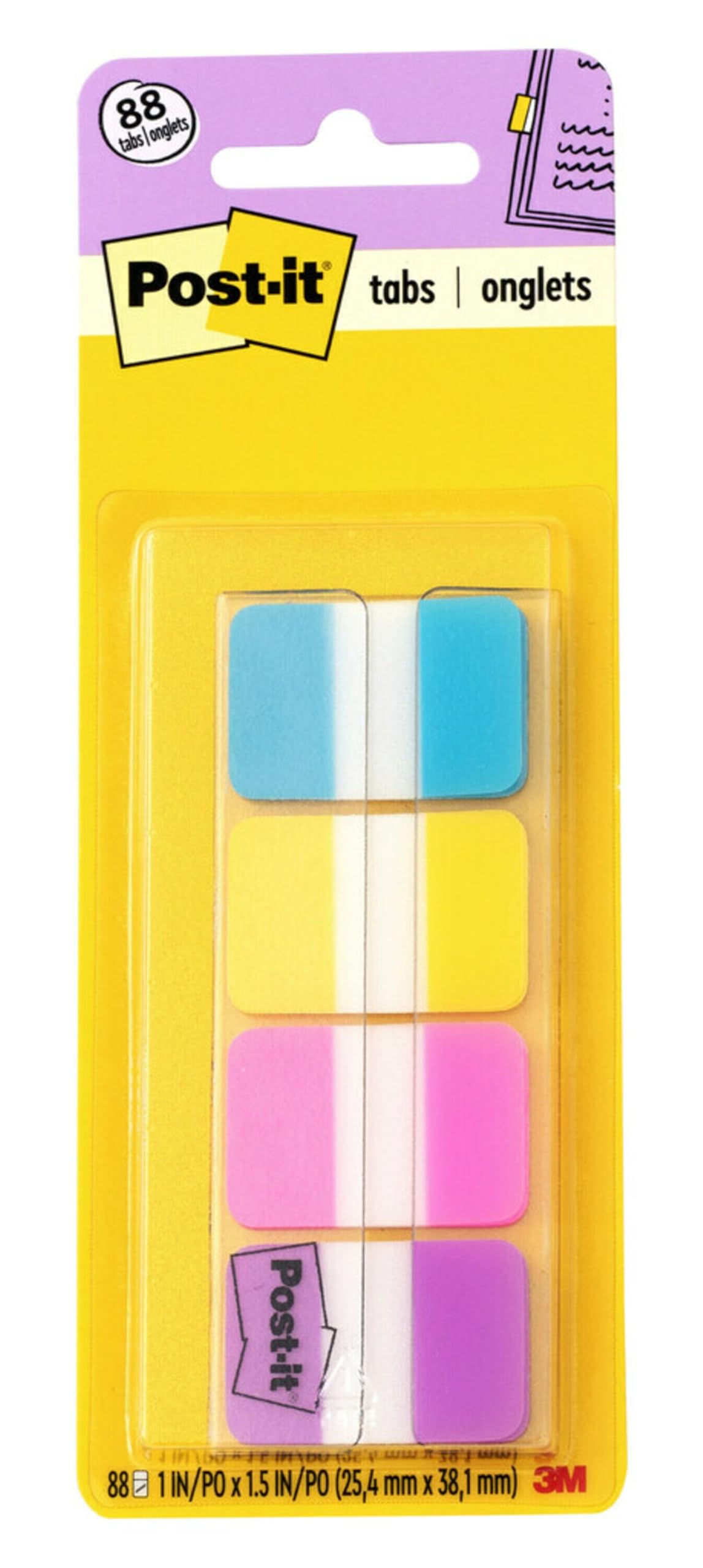 Post-it Tabs, 1 in Solid, Aqua, Yellow, Pink, Violet, 22/Color, 88/Dispenser (686-AYPV1IN)